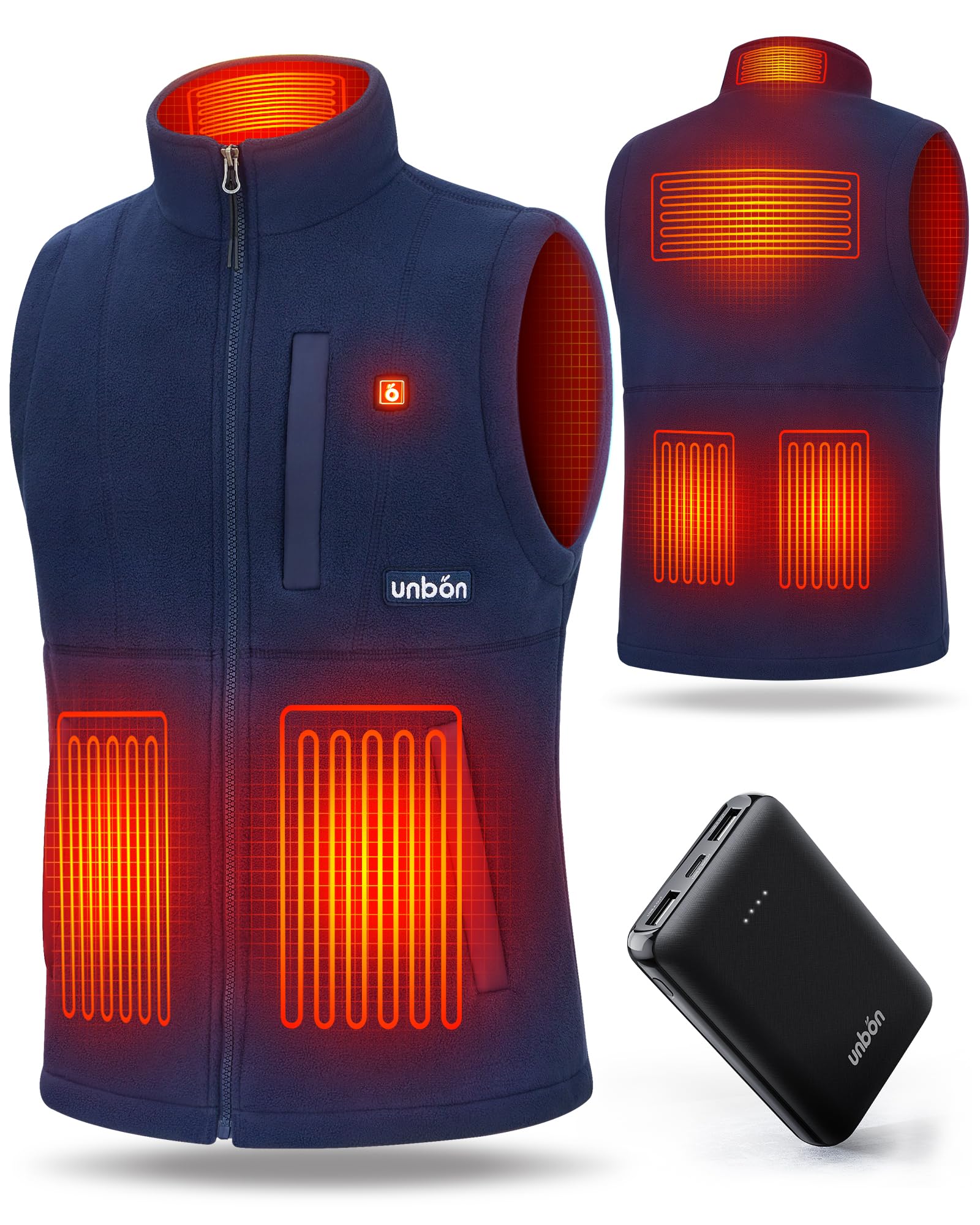 UNBON Gilet Riscaldato Uomo con Batteria USB 10000mAh, Giubbotto Riscaldato Uomo con 3 Temperatura 6 Zone di Calore, Gilet Riscaldante Elettrico Pile, Giacca Riscaldata Uomo per Moto Caccia