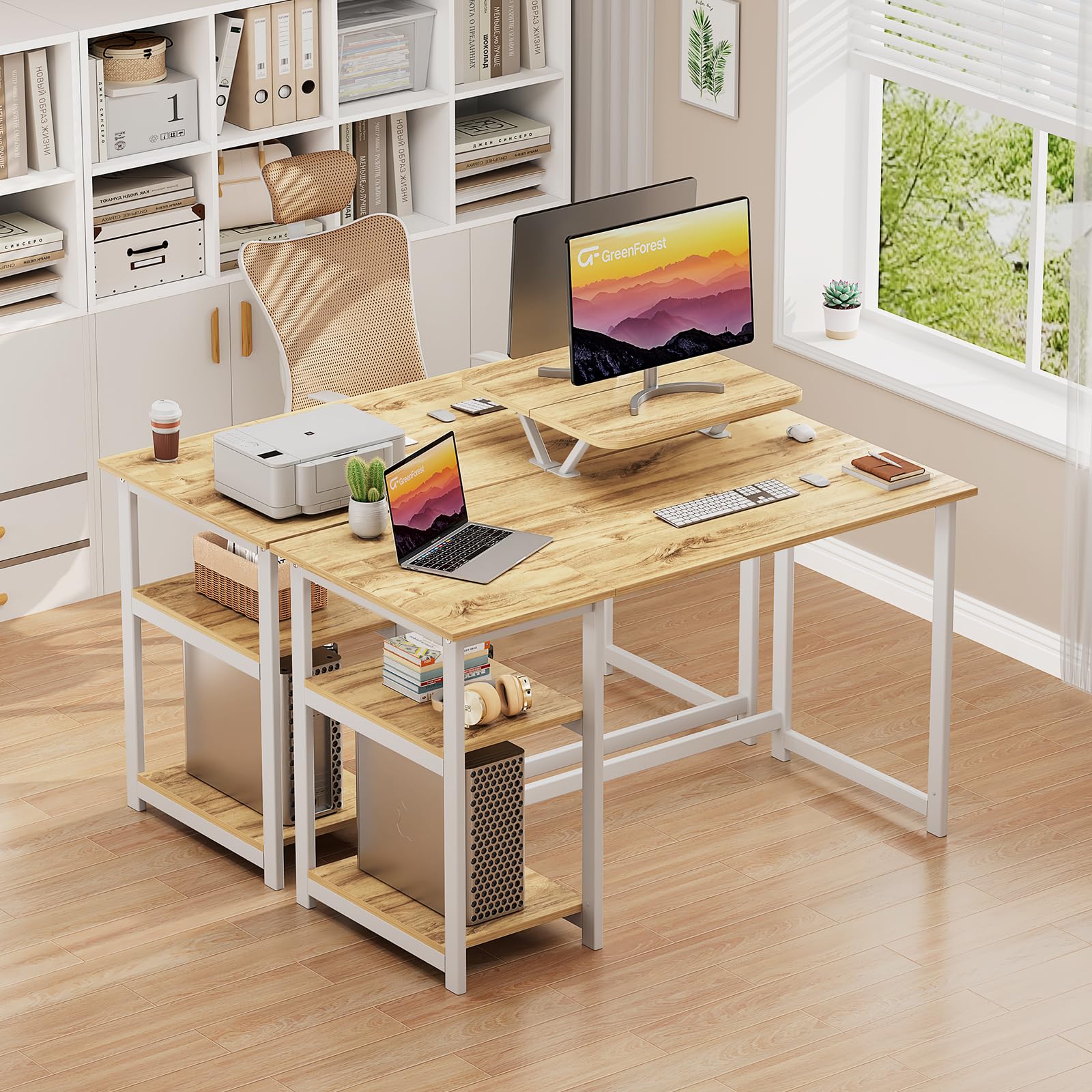 GreenForest Escritorio Ahorrar Espacio y Estantes Reversibles,100 cm Mesa de Estudio Compacta con Estante Monitor, para Oficina en Casa o Dormitorio Estudiante, Beige
