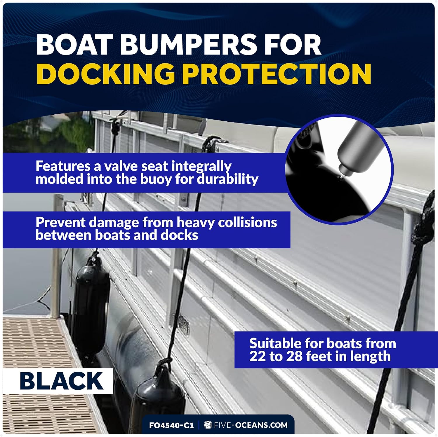 Five Oceans Twin Eye Ribbed Boat Fender Kit, Inflatable Boat Bumpers for Docking with Fender Lines 3/8-Inch x 5Ft, Multiple Size