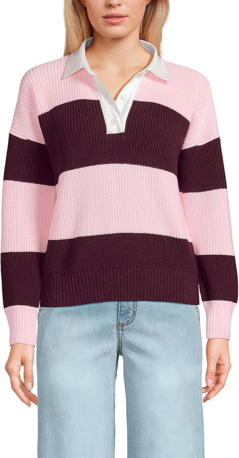 Lands' End Women's Drifter Rugby with Woven Collar Sweater