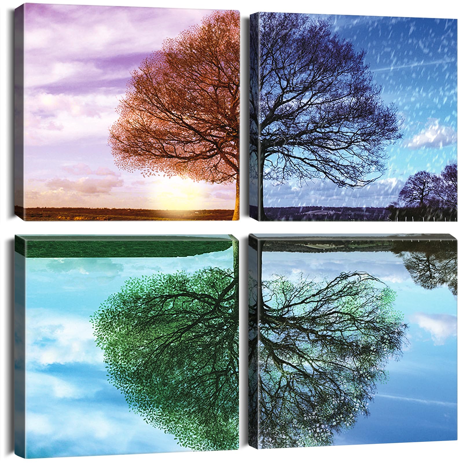 Artscope Lienzos Decorativos - Árboles de Cuatro Estaciones Imágenes Estilo Nórdico Pintura Prueba de Agua con Marco Listo para Colgar para Sala de Estar Décor Dormitorio Regalo 30x30cm