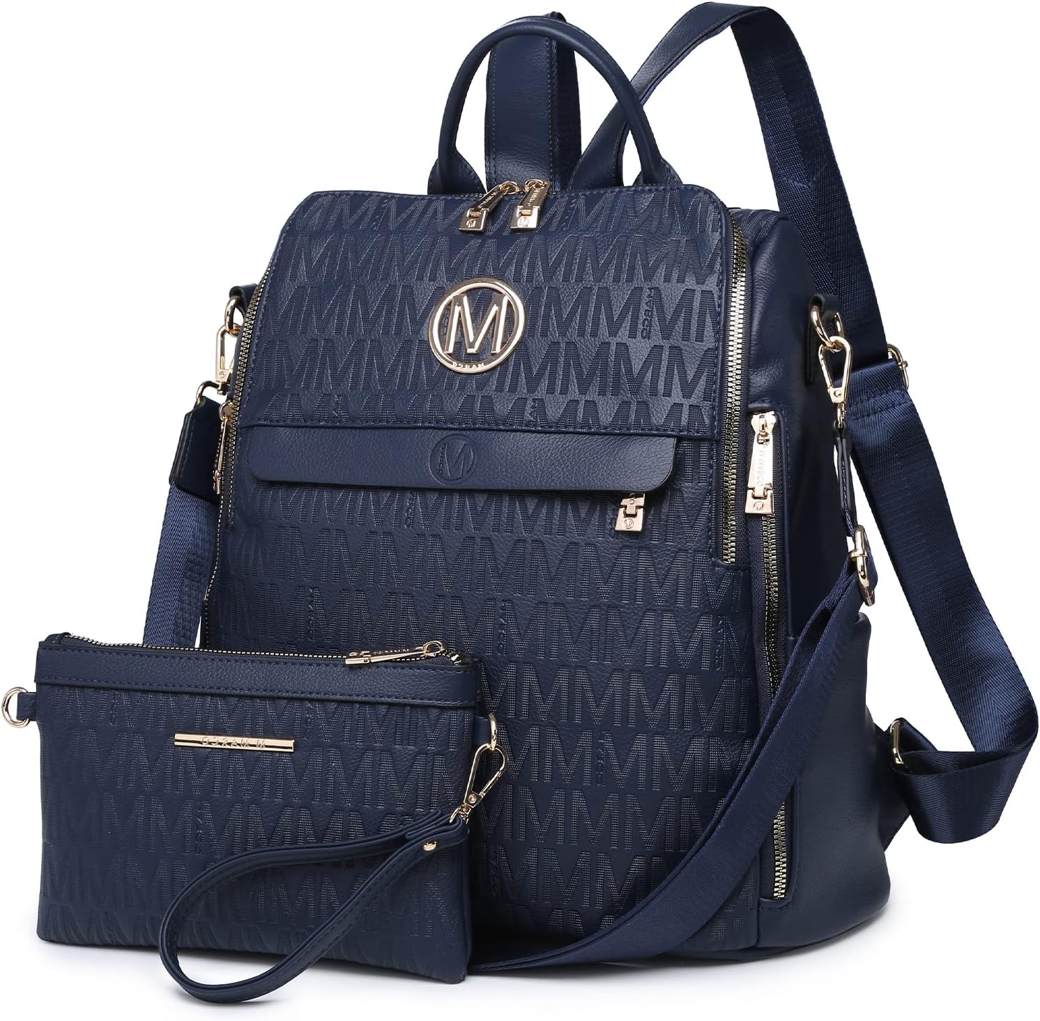 MKP Women Fashion Backpack Purse PU Leather Convertible Medium Ladies Rucksack Travel Shoulder Bags Handbag and Purse 2Pcs, Blue, M, Rucksack Backpacks