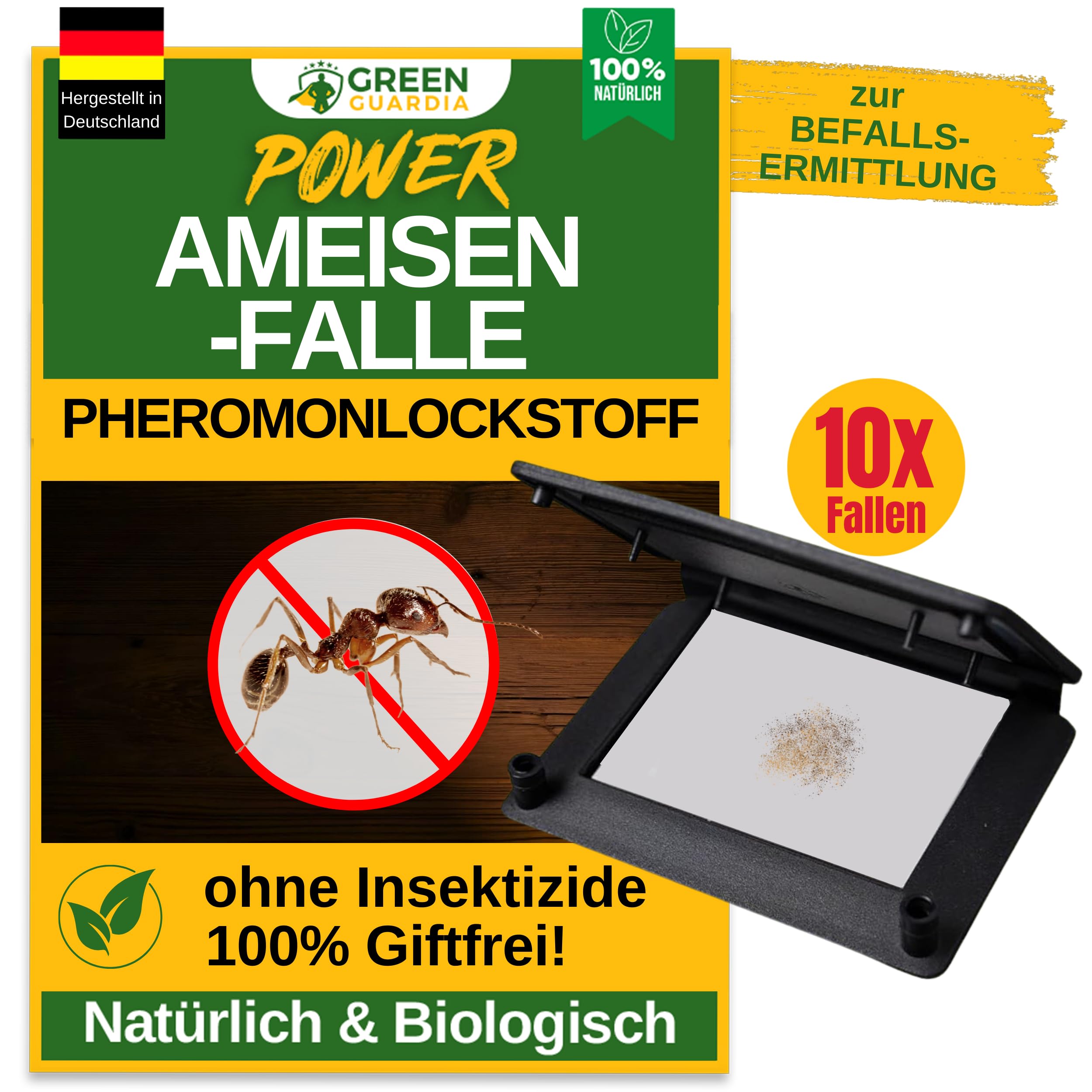 GREEN GUARDIA Ameisen Falle mit Pheromon-Lockstoff - 10x Fallen - umweltfreundlich Ameisen bekämpfen, Chemiefreie Pheromonfalle mit austauschbaren Klebeflächen, giftfrei und geruchsneutral