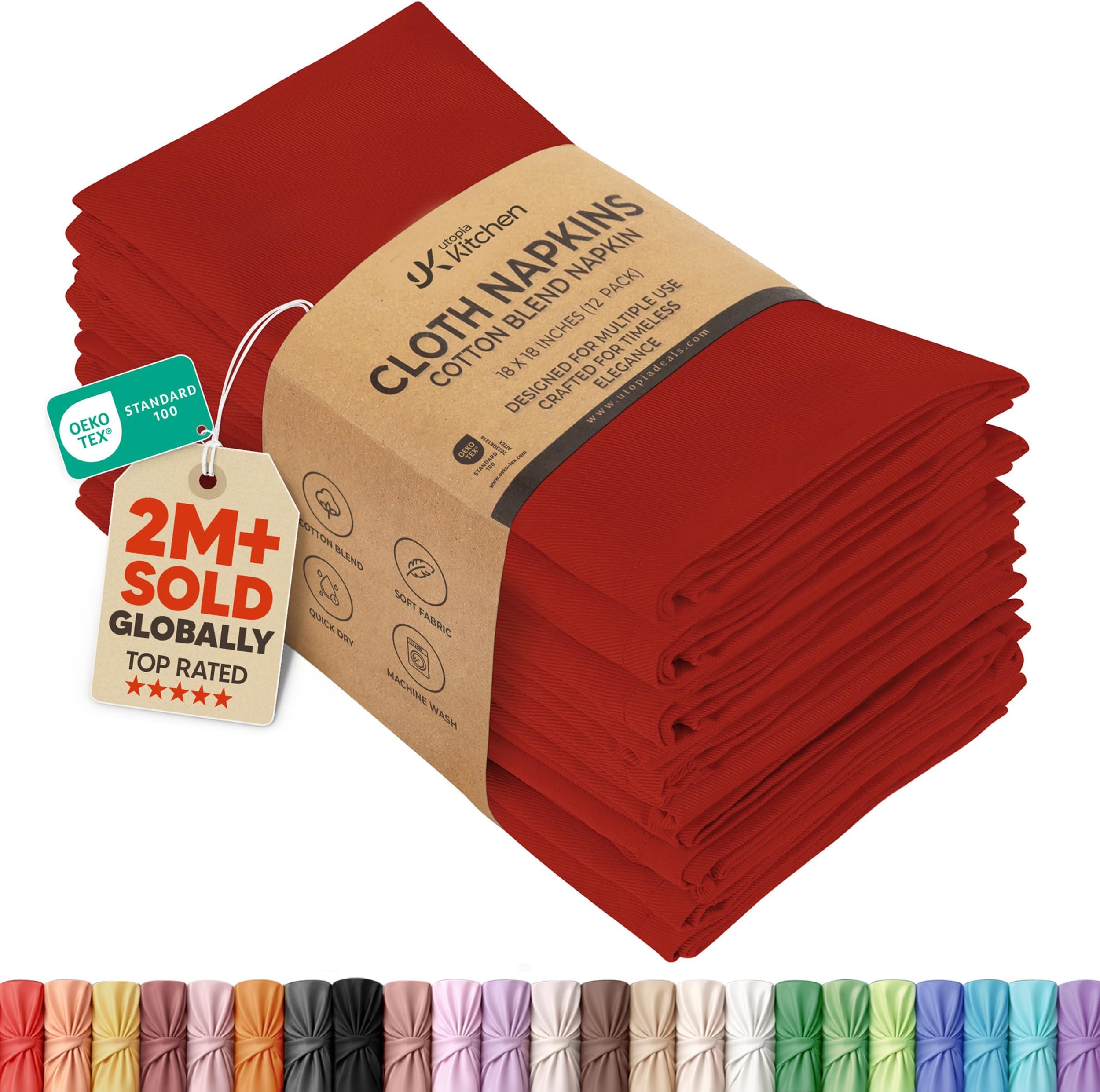 Utopia Kitchen Red Cloth Napkins [12 Pack, 18x18 Inch] Cotton Blend Washable and Reusable Table Dinner Napkins for Hotel, Lunch, Restaurant, Weddings, Event and Parties
