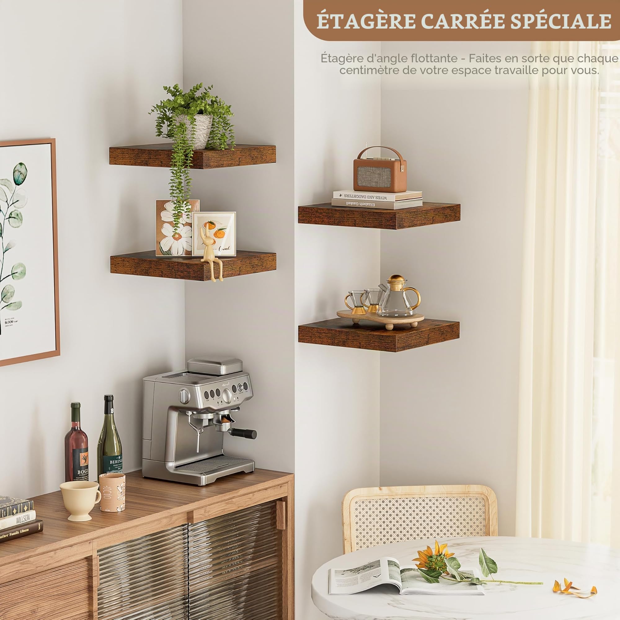 Étagères Murales Flottantes Lot de 4 (25 x 25 x 3,8 cm) | Étagère en Bois avec Fixation Invisible, pour Salle de Bain, Chambre, Cuisine, Toilettes, Salon et Livres (Marron)