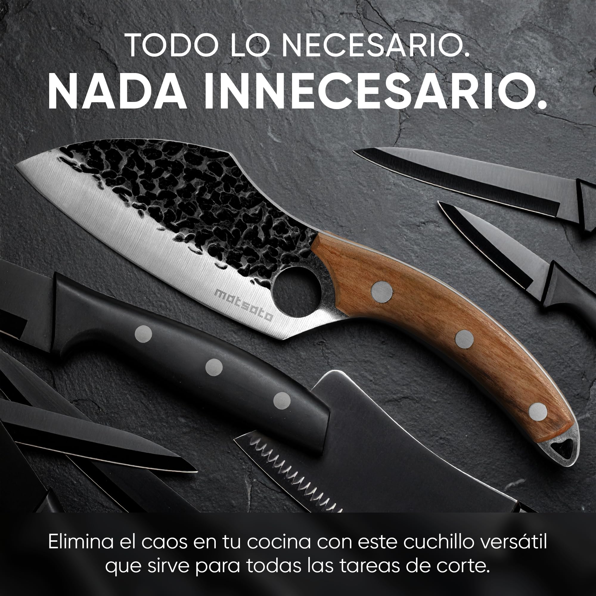 Matsato Cuchillo de Chef Profesional de Acero Damasco, Cuchillo de Cocina Multifuncional, Mango de Madera Ergonómico con Diseño de Agujero para Mejor Control