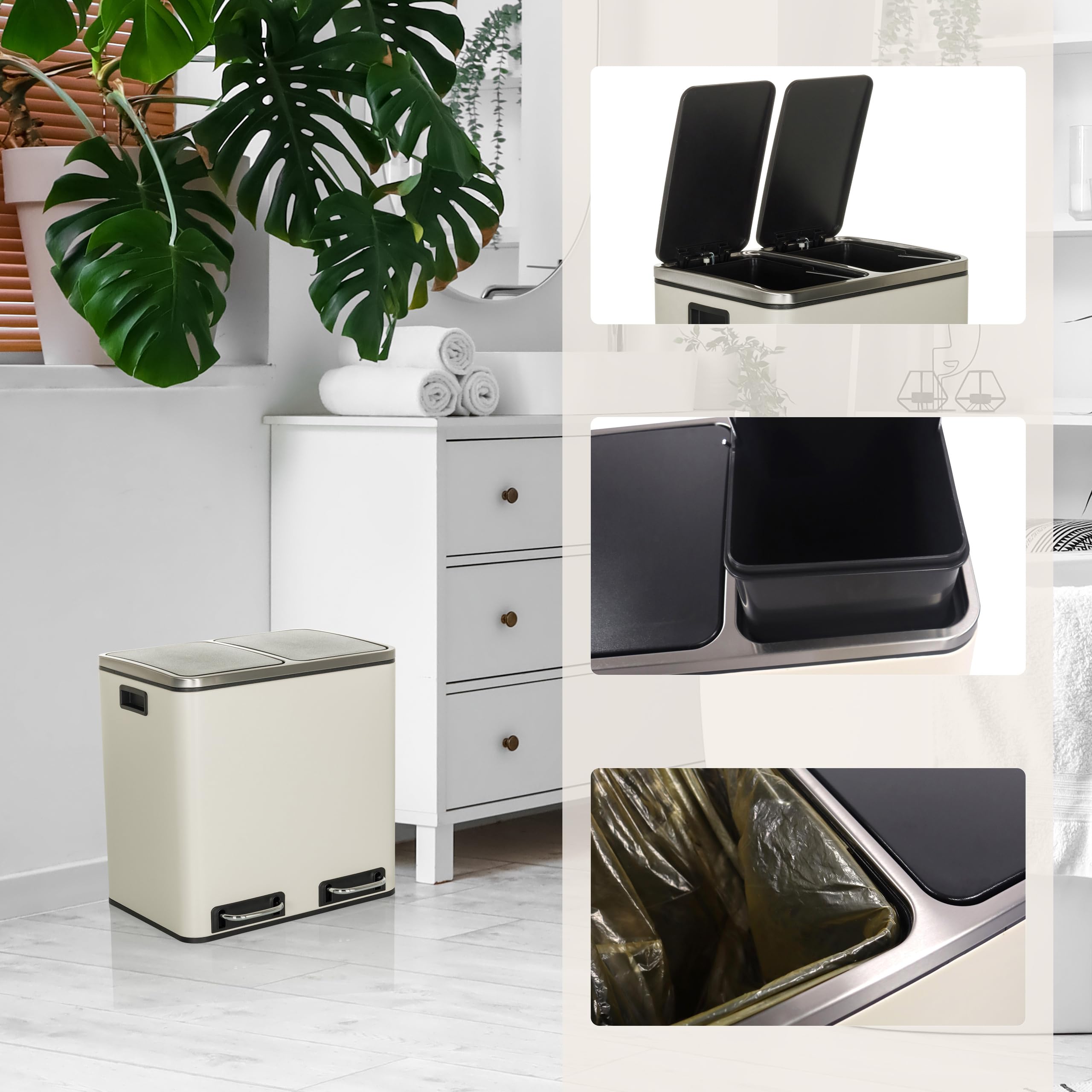 hjh OFFICE Cubo de basura 2x15L CLEAN IX Sistema de separación de residuos con 2 compartimentos, cubo de basura de pedal con cierre suave, metal beige