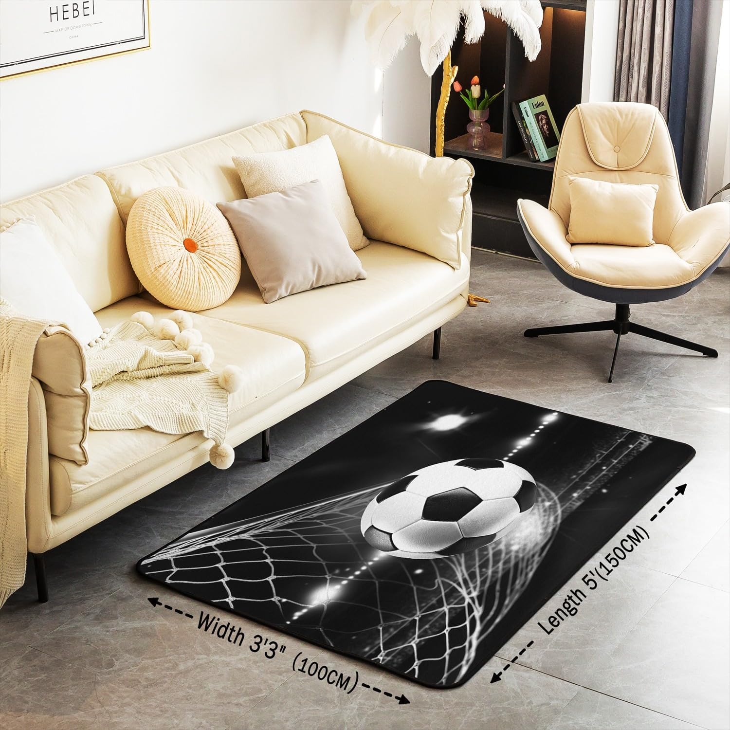 jejeloiu Football Area Rug 4x5 Soccer Ball Games Rugs for Living Room Bedroom Sports Theme Floor Mat Soft Cozy Carpet Decor