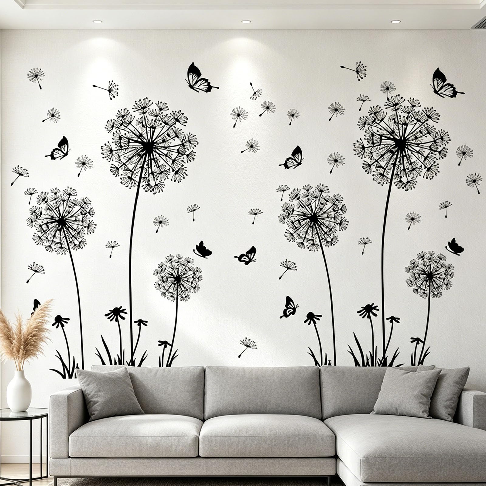 Set di 2 adesivi da parete a forma di dente di leone, fiori, farfalle, decorazione da parete per camera da letto, ufficio, bagno, soggiorno, decalcomanie da parete rimovibili