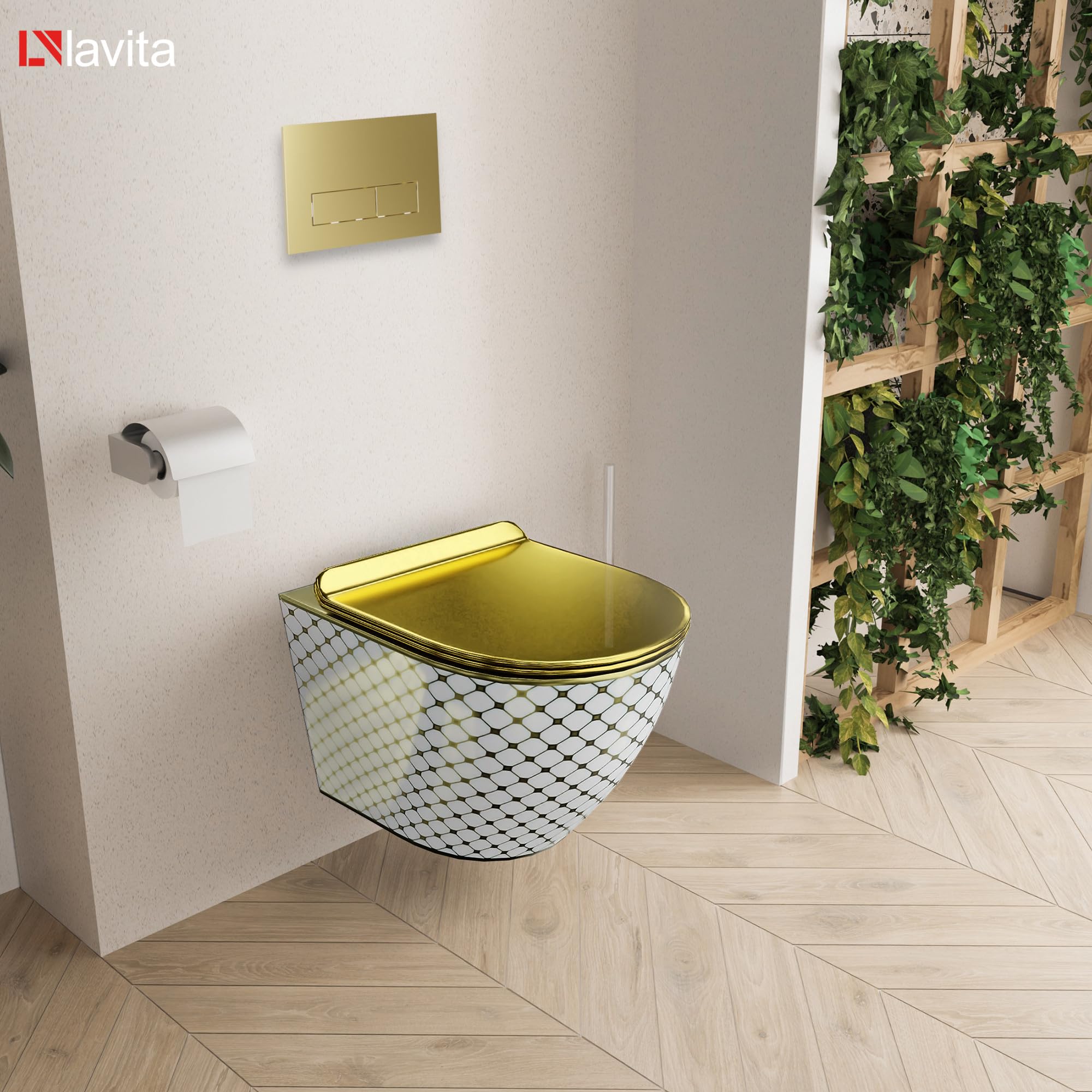 Lavita LAV 101 Élément mural WC 40 cm + évier mural SOFI SLIM CHECKED GOLD sans bord + panneau de commande LAV 200.3.5 Gold | Kit complet | Réservoir de chasse encastré