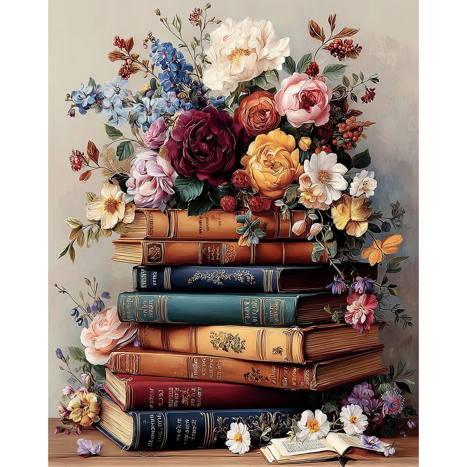Vintage Watercolor Books Paint by Numbers for Adults, Adult Paint by Numbers On Canvas, Floral Books, Painting by Numbers for Adults, Oil Painting Gifts for Home Wall Decor 12x16inch, Without Frame โ image 1