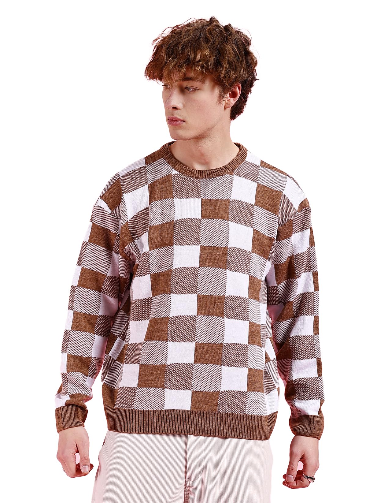 the indian garage co Men Oversized Checkered Crew Neck Sweater-picture-10