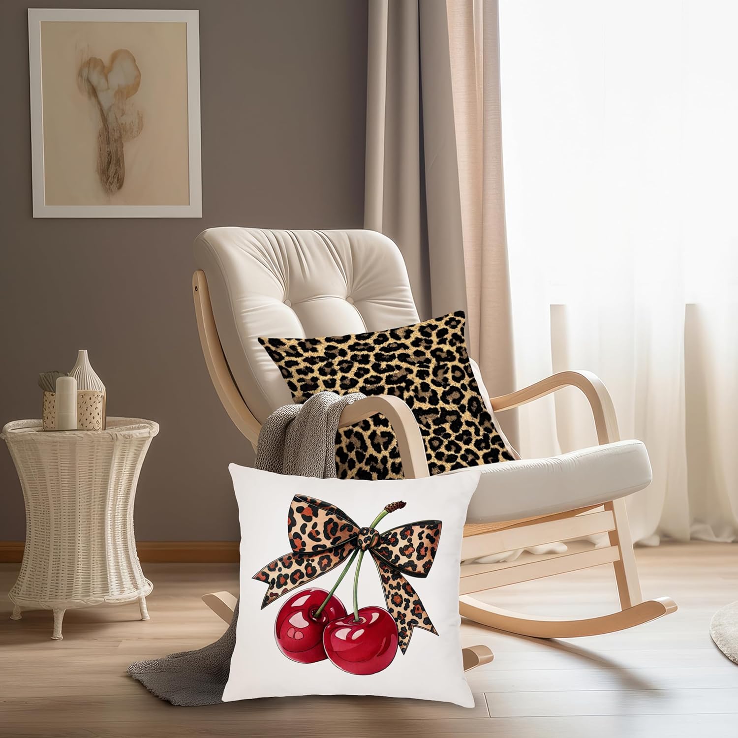 Trendy Leopard Cheetah Bow Cherry Pillow Covers 18x18 Set of 4, Red Preppy Cheetah Leopard Print Dice Lucky 8 Ball Room Decorative Throw Pillow Covers for Girls Bedroom Dorm Apartment