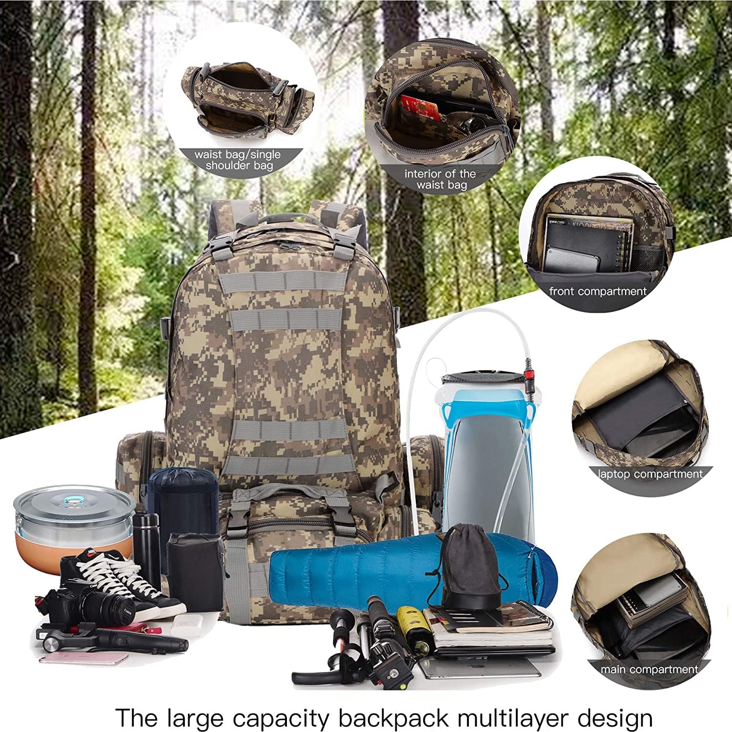 55L Military Tactical Bag for Camping Hiking Trekking Hunting Bug Out Bag Outdoor Backpack (ACU), Large