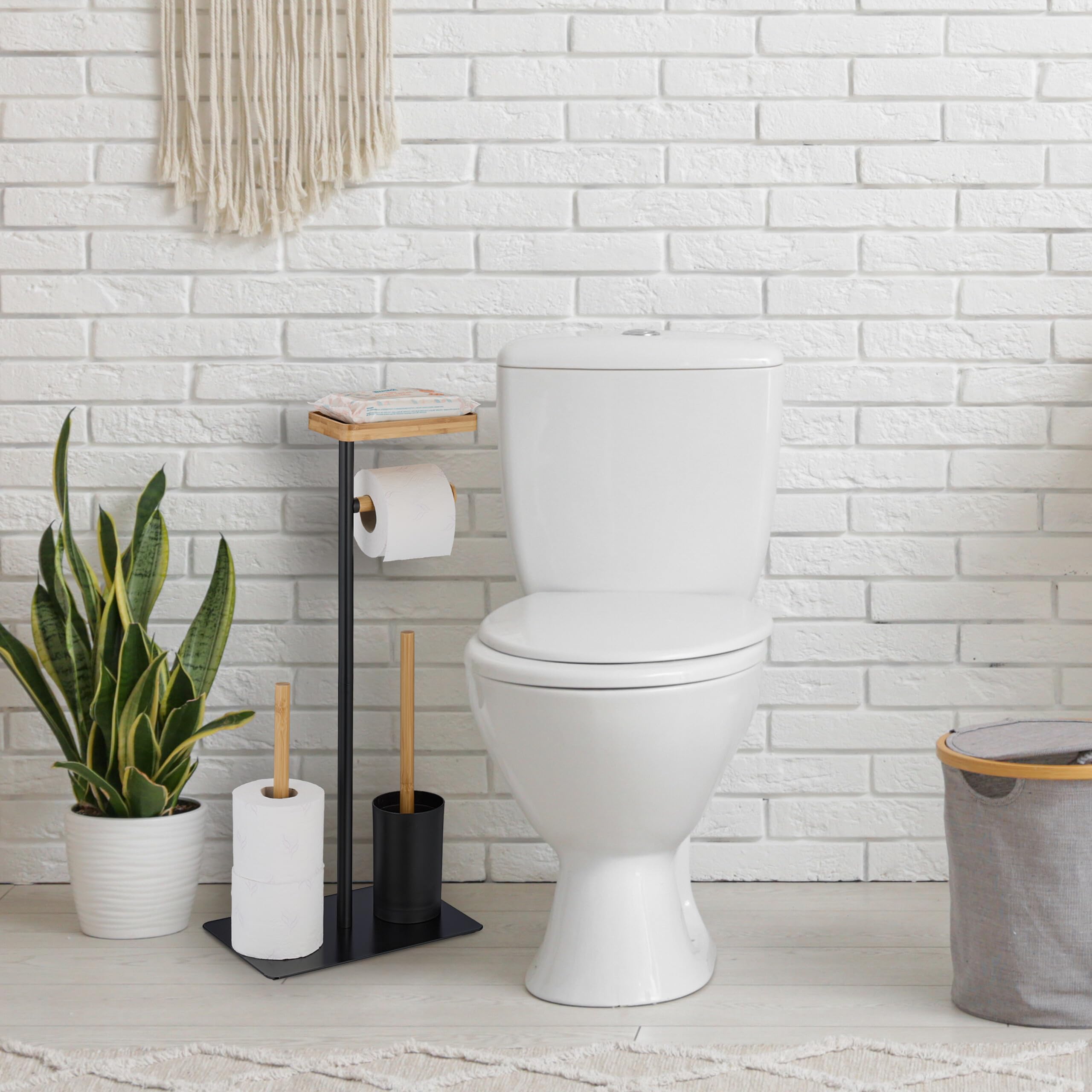 Relaxdays Serviteur WC, Bambou, Fer, Support Non Fixe, Brosse et Porte-Brosse, Noir - Nature