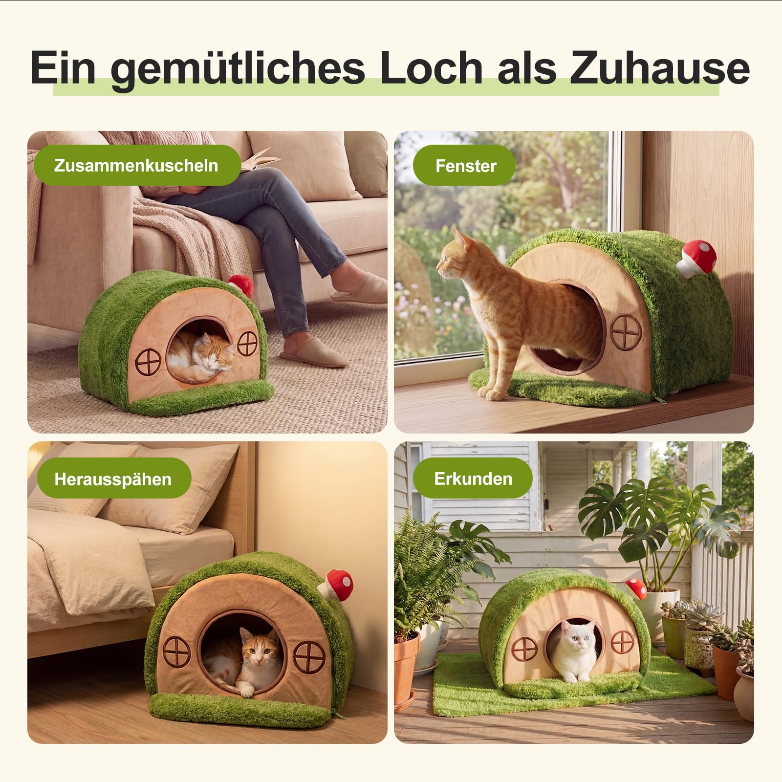 Baumhöhle Katzenbett, Katzenhöhle Indoor mit Pilzglocke | Katzenhaus mit Geborgenheit, waschbares Samtkissen, rutschfester Boden, stabil & schnell aufgebaut, für Katzen bis 6 kg