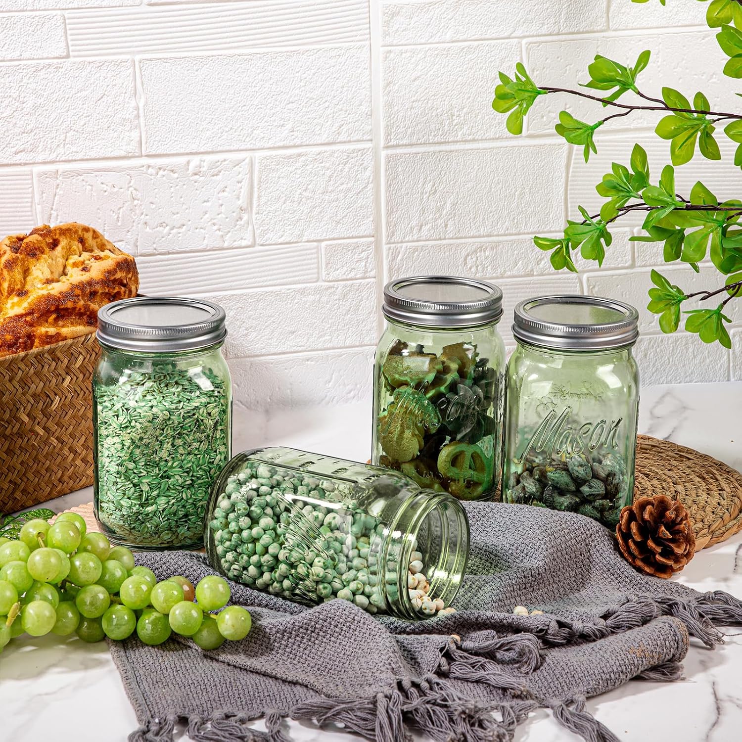 WELLIFE Mason Jars 32 oz - 6 Pack Green Large Mason Jars Wide Mouth,Glass Jar with Lid for Canning, Pickling, Food Storage, Fermenting, DIY Crafts & Decor, Reusable image 5