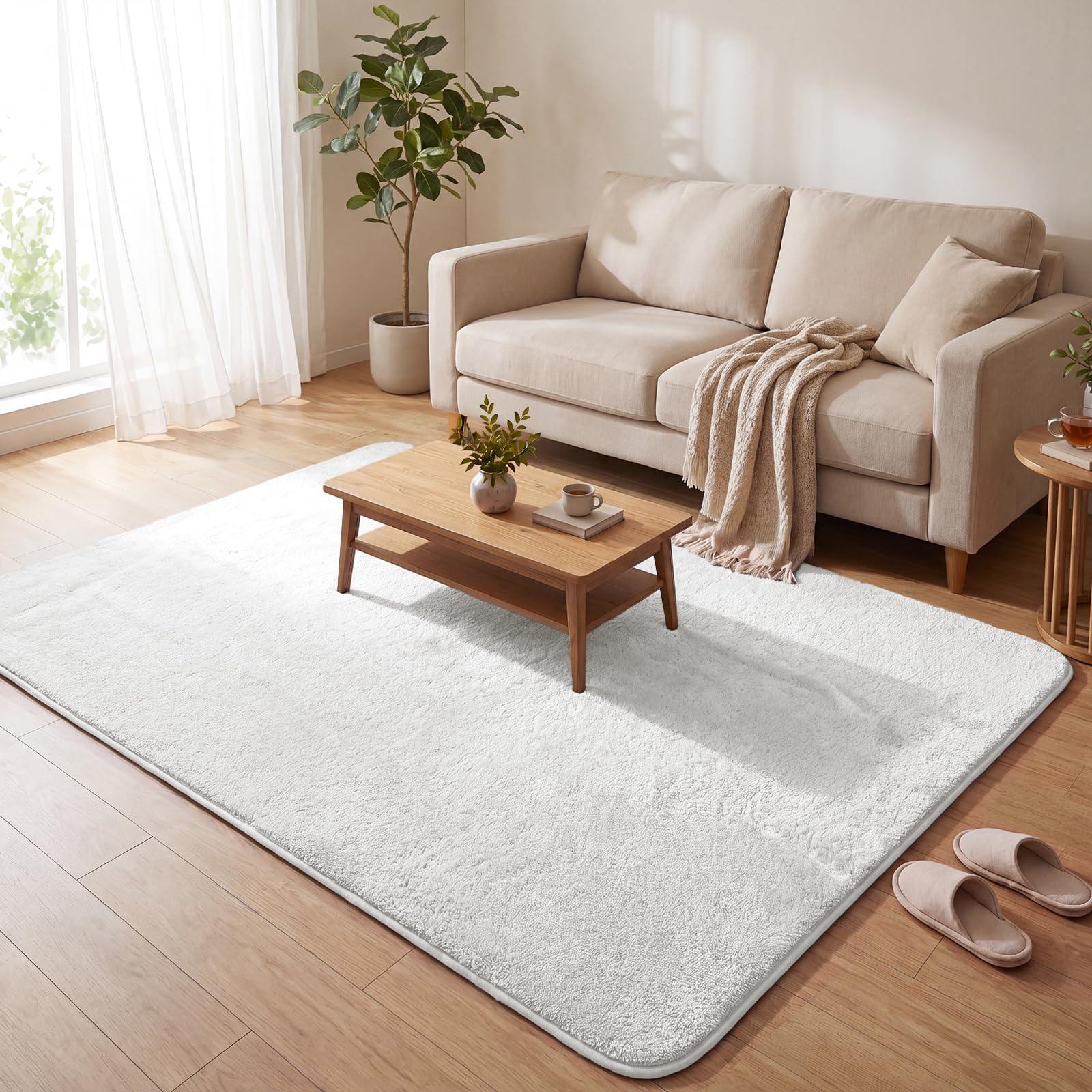 VOUNOT® Fluffy Rugs for Living Room and Bedroom, Soft Shaggy Floor Carpets with Non Slip Backing & Extra Underlay, Machine Washable, Large Area Rug, Modern & Cosy Home Decor, 160x230cm, Cream