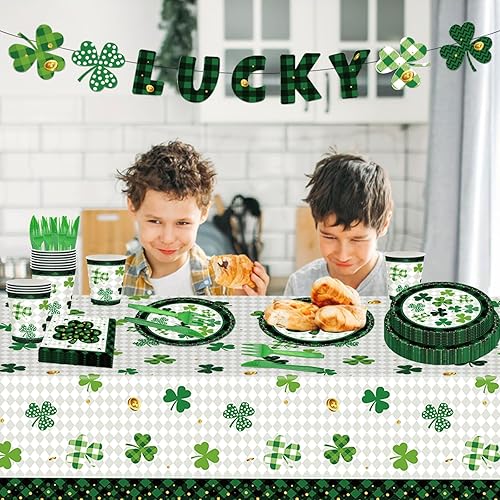 Miniatura 4 de 98 piezas de suministros para fiesta del día de San Patricio, juego de vajilla de trébol irlandés verde, suministros de fiesta de cumpleaños,