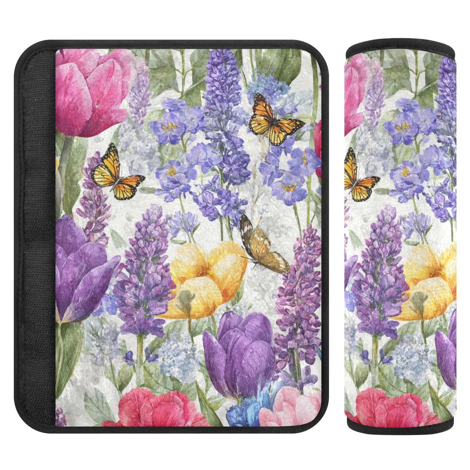 Tulips Lavenders Purple Butterfly Seat Belt Cover Pad 2 Pcs Soft Cute Seatbelt Covers Protector Support Head Neck Shoulder Strap for Car Seats High Chair Backpack for Adults Kids Women Men 10x7