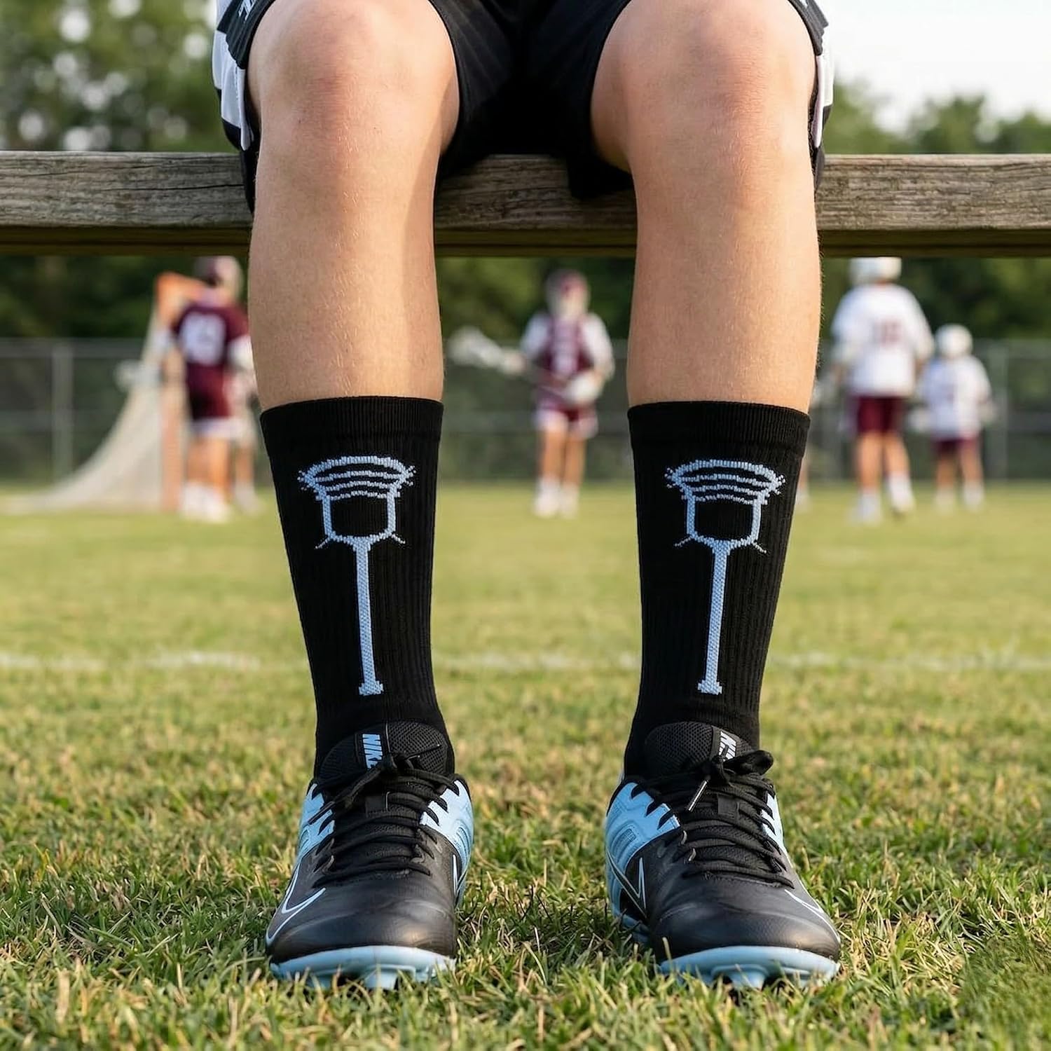 ChalkTalkSPORTS Lacrosse Socks - Cushioned Mid-Calf Crew - Lax Stick Head | Moisture-Wicking Performance Blend, Athletic Lax Gear, Stay-Up Technology, Arch Support, Breathable, Boys and Men
