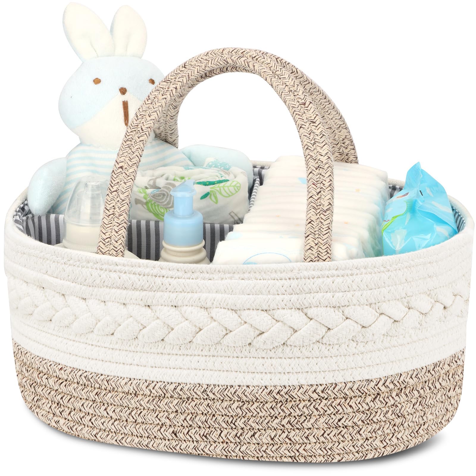 Nappy Caddy, Cotton Rope Newborn Essentials，Sturdy Portable Baby Caddy Storage Basket with Detachable Compartments，Nappy Organiser Baby Essentials for Newborn, Brown