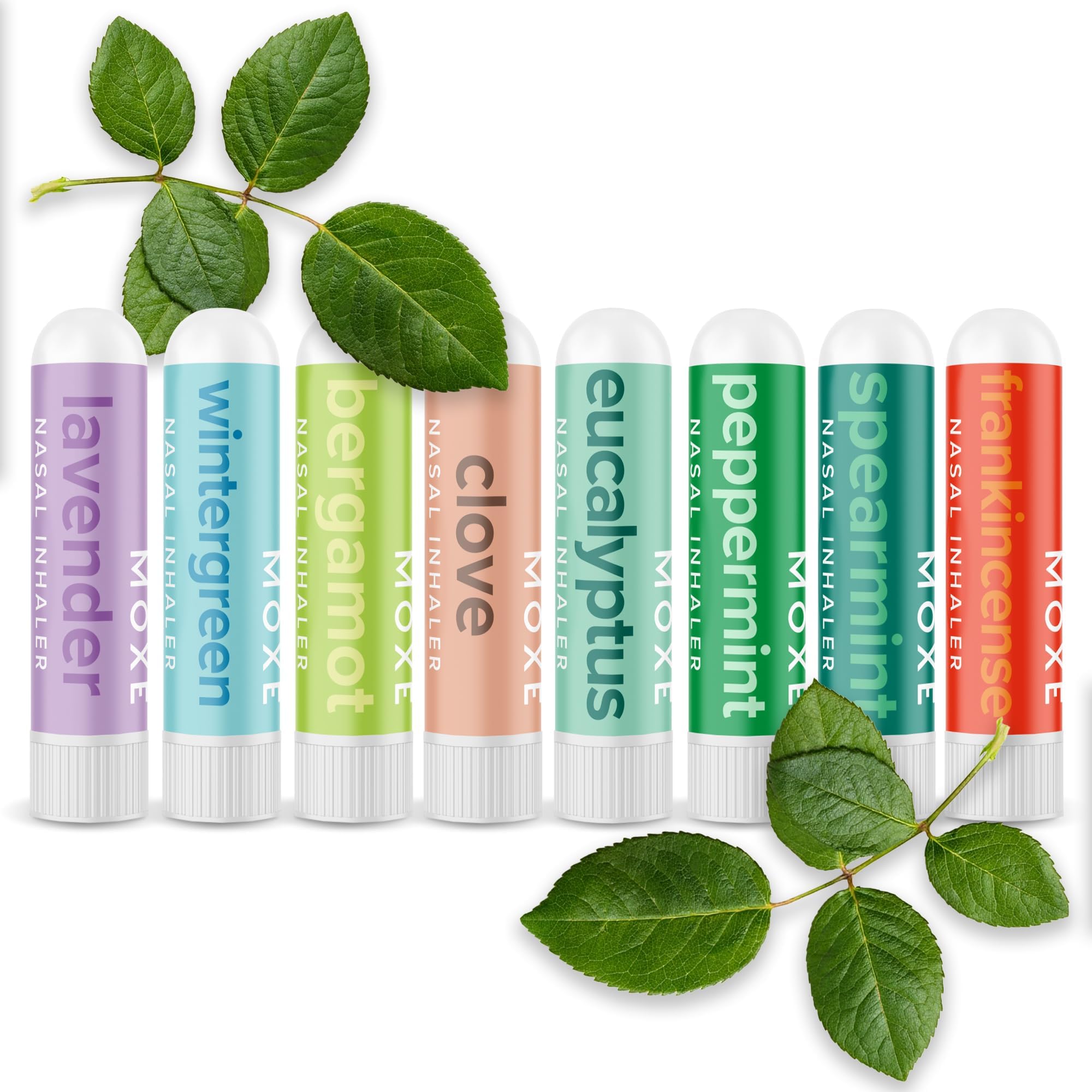 - MOXĒ Nasal Inhalers Bundle, 8 Essential Oils, 100% Pure and Undiluted, Therapeutic Grade, No-Mess Portable Aromatherapy, Includes Eucalyptus, Peppermint, Lavender, Wintergreen, Made in USA - Pack of 8