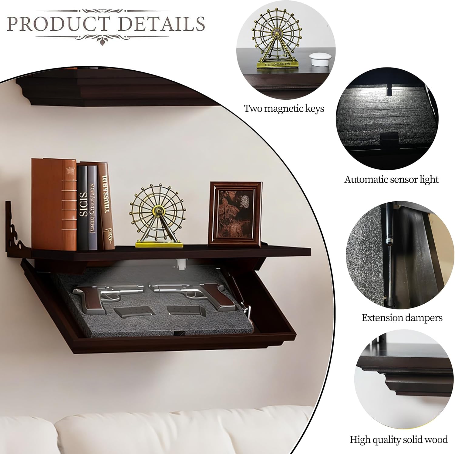 LED Compact Gun Shelf with Hidden Storage, Floating Wall Mount Gun Rack with Automatic Induction Windmill Lock and,Concealed Furniture for Secure Storage (Dark Brown)