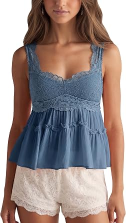 Meladyan Womens Sweetheart Neck Lace Cami Sleeveless Wide Straps Babydoll Tops Tiered Ruffle Flowy Summer Tank Top