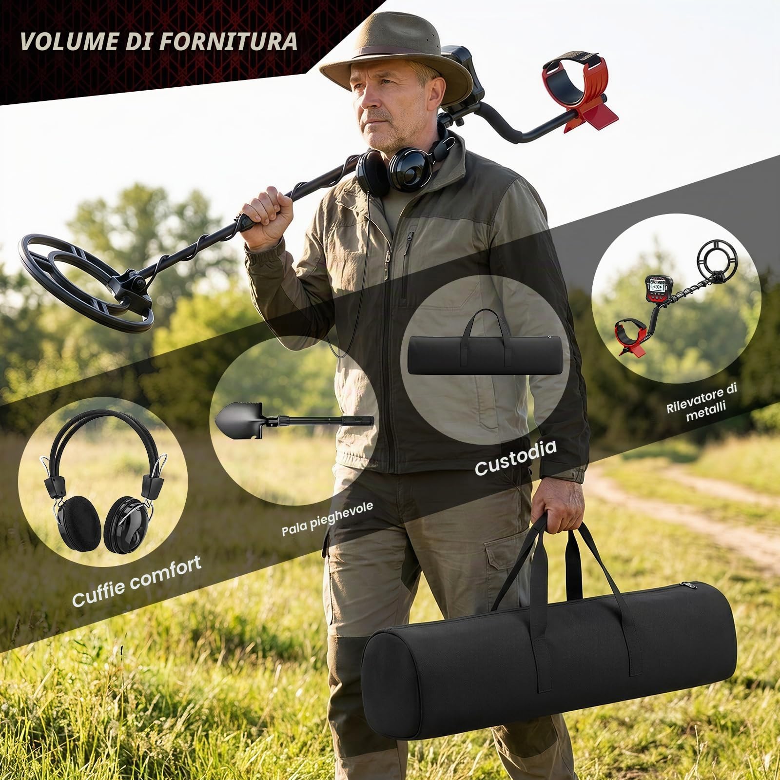 Metal Detector per Adulti Professionali, 5 Modalità ad Alta Precisione, Bobina Impermeabile 10in IP68 Lunghezza Regolabile 107-130 cm con Schermo LCD Ideale per Principianti e Esperti-rosso