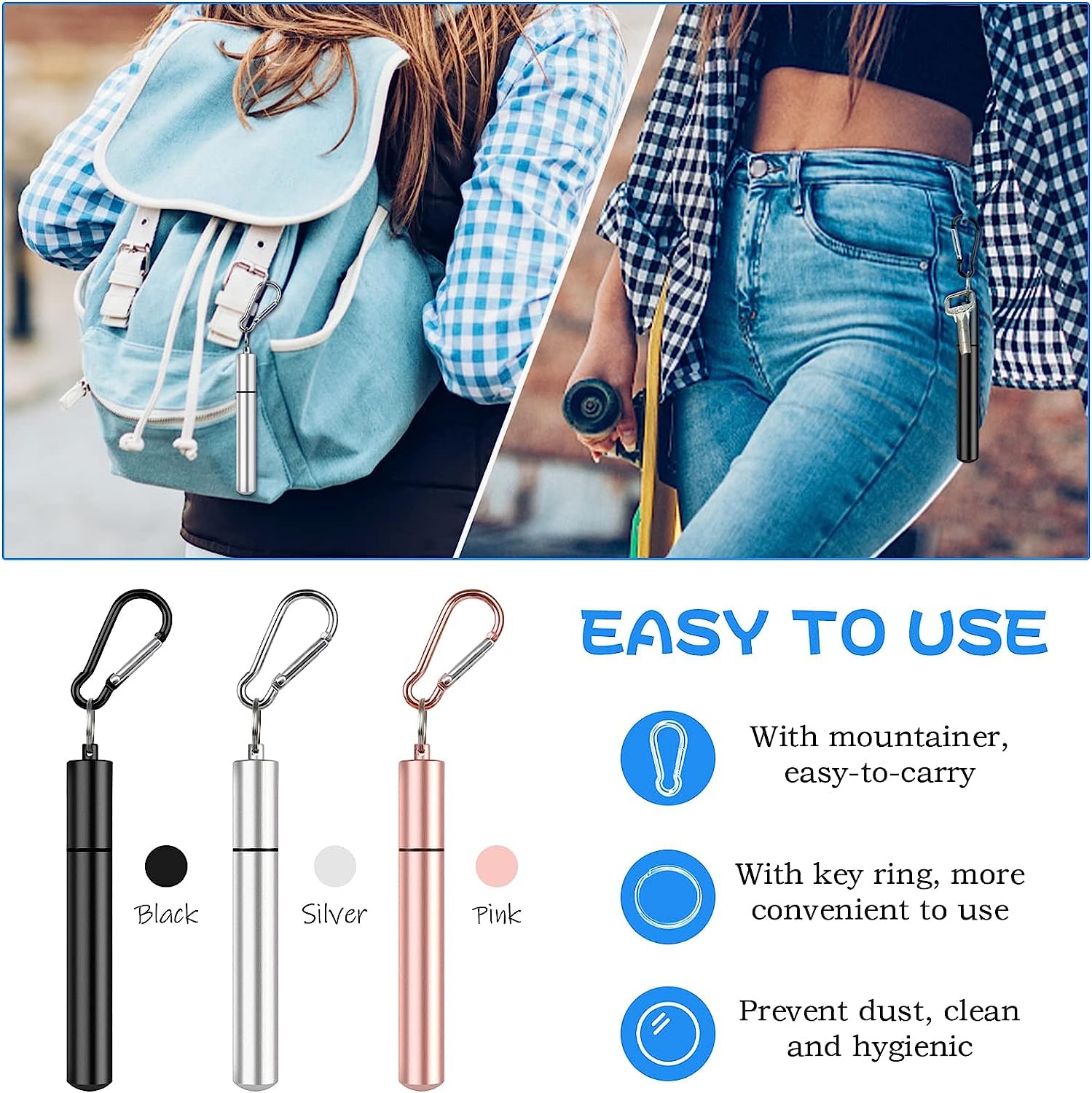 Cannucce Riutilizzabili In Acciaio Inox Telescopiche | Set 4 Pezzi Con Custodia E Spazzola | Portatili Per Bevande Calde/Fredde