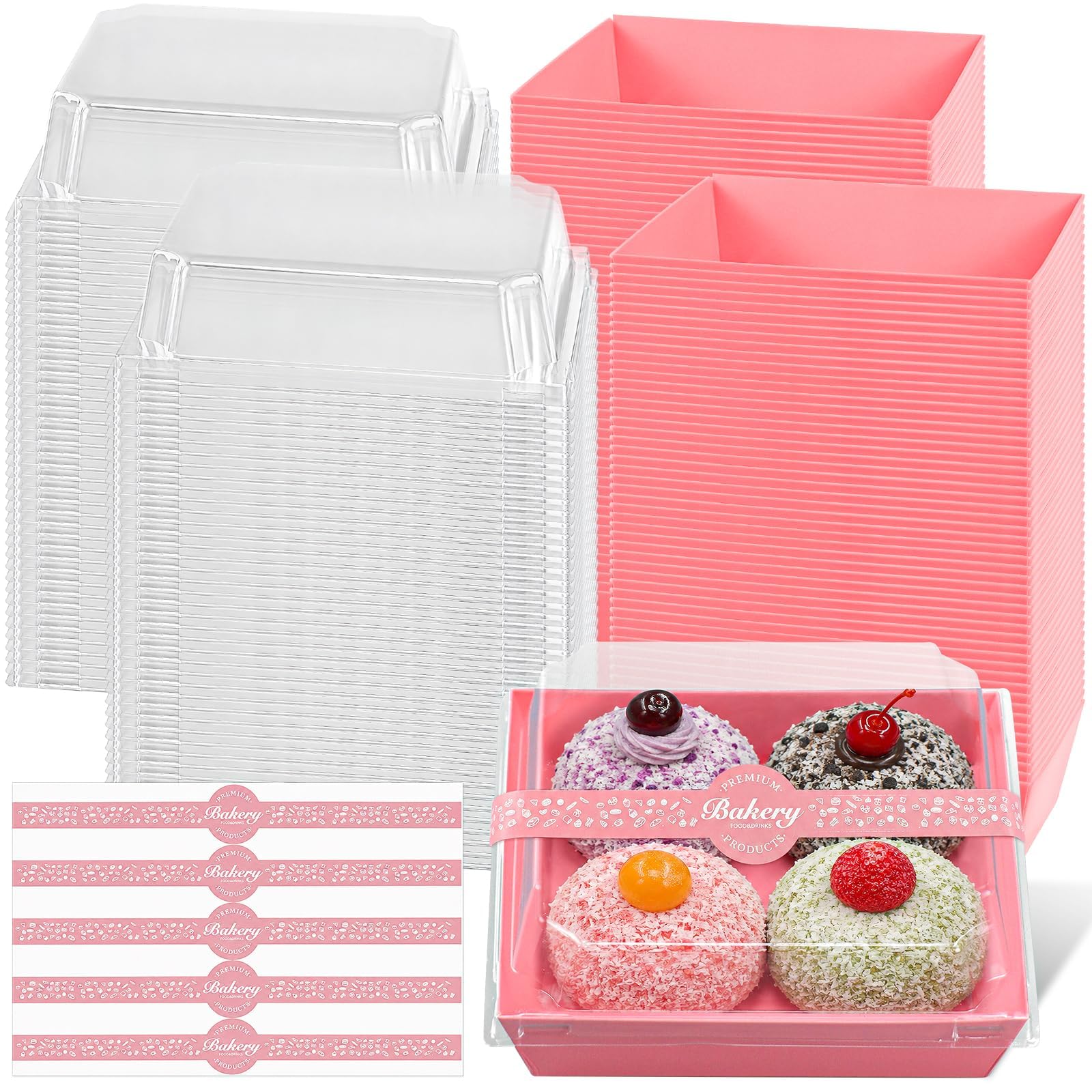 100 scatole per salumi con coperchio trasparente, scatole quadrate per alimenti, per dessert, biscotti, sandwich, fragole, 13,5 x 12,5 x 6,5 cm, blu (rosa)