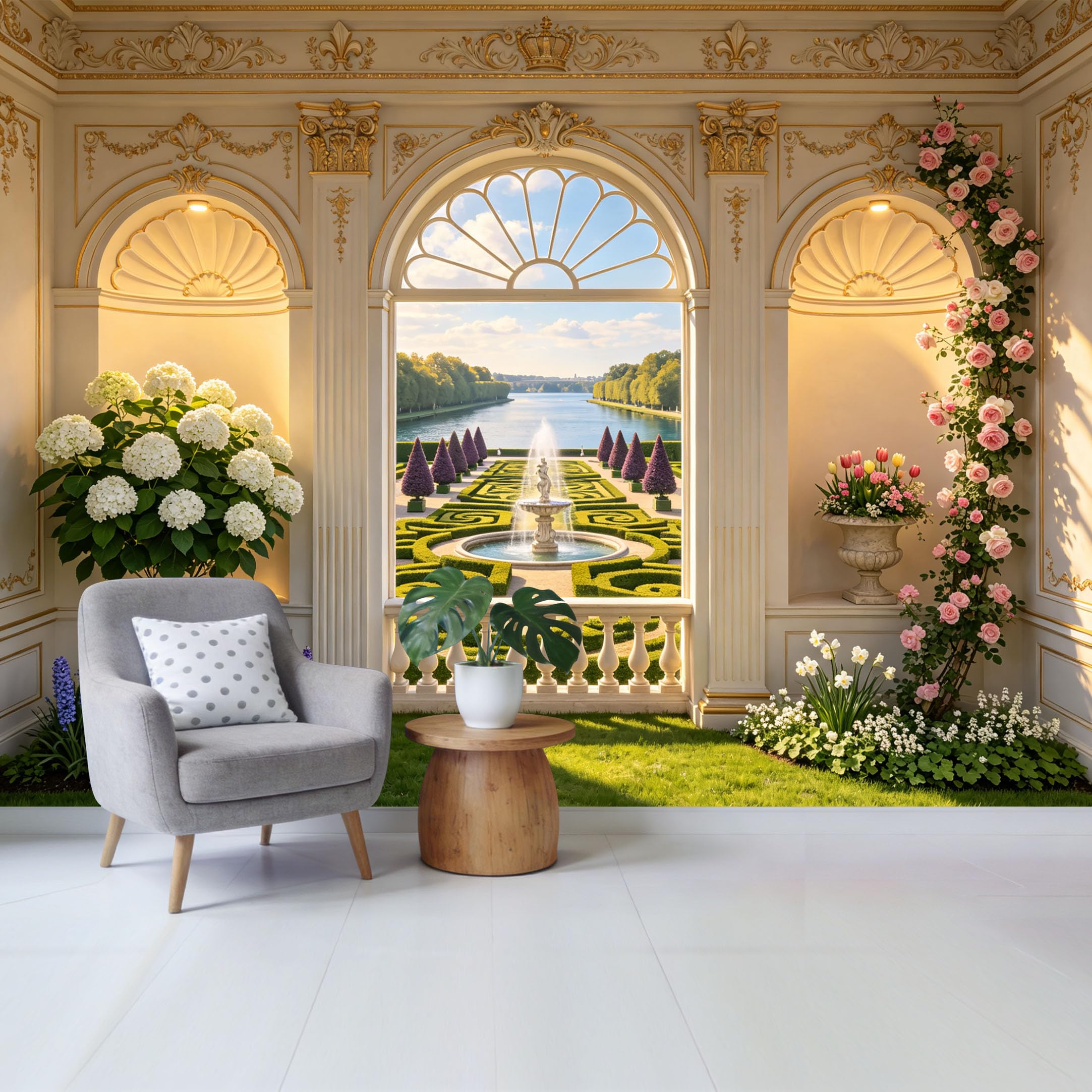 Custom Size Wall Mural Elegant French Garden View with Fountain Landscape Removable Self Adhesive Fabric Home Wall Decor for Living Room Bedroom Bathroom