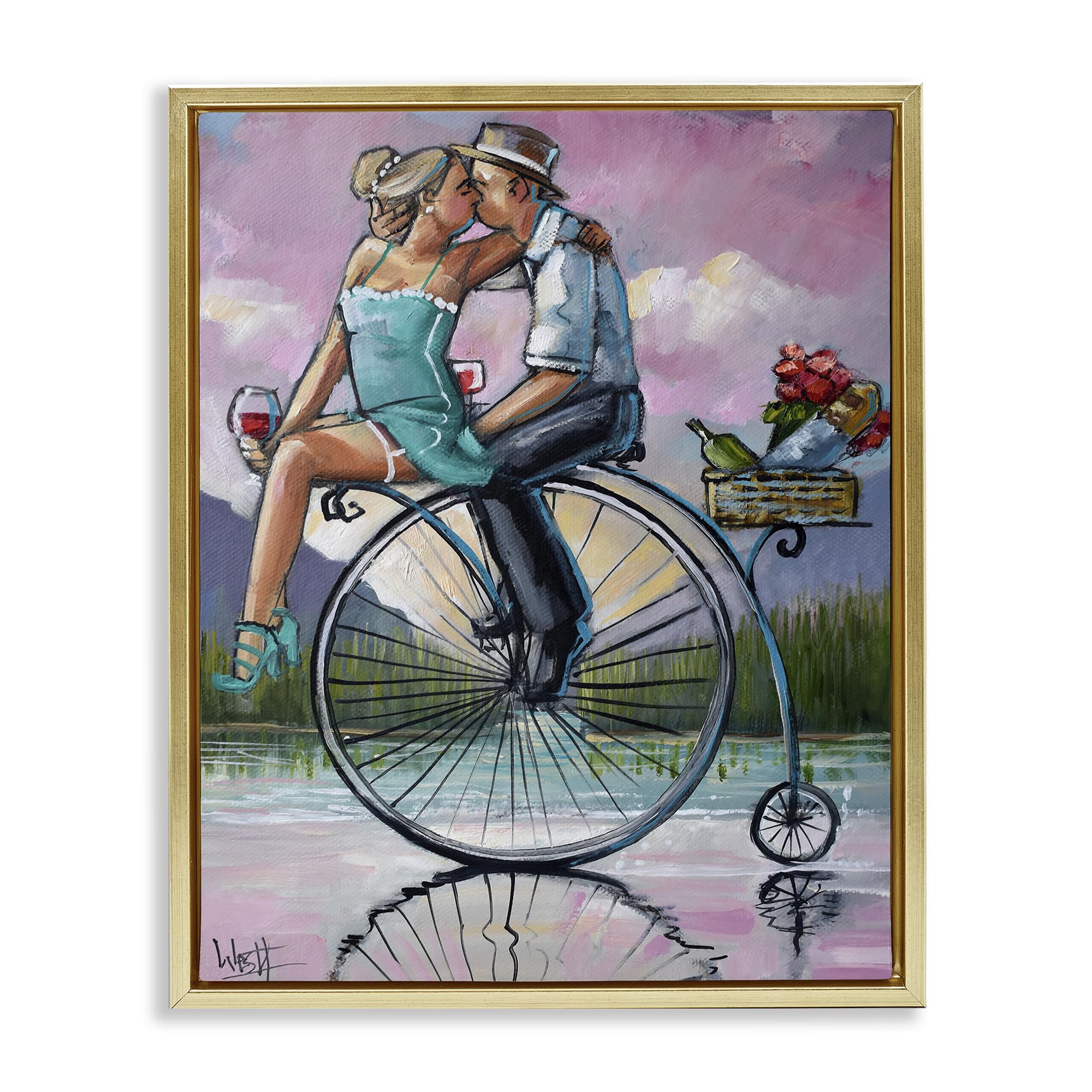 Stupell Industries Metallic Gold (Matte) 'Romantic Picnic On Bicycle'| Floating Frame Canvas Art