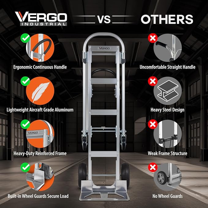 Vergo Industrial Convertible Hand Truck - AS7B Heavy Duty Aluminum 2 in 1 Dolly (800 lb Capacity) Lightweight Reinforced Frame, Ergonomic Handle, Superior Mobility Moving Dolly (2 Positions, 63" High) miniatura 4
