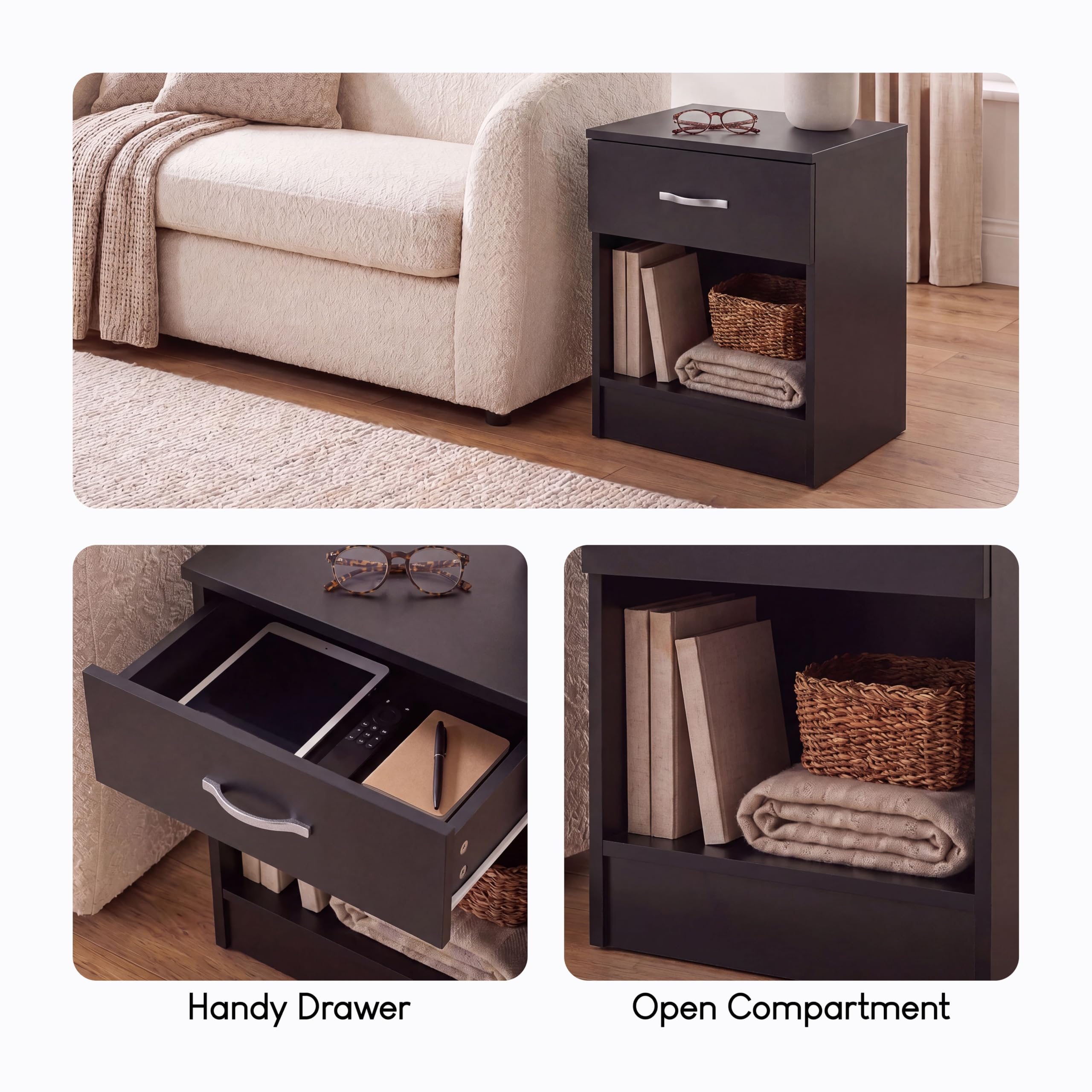 Vida Designs nero comodino, 1 cassetti con maniglie in metallo e corridori, sistema unico con guide, Riano mobili per camera da letto