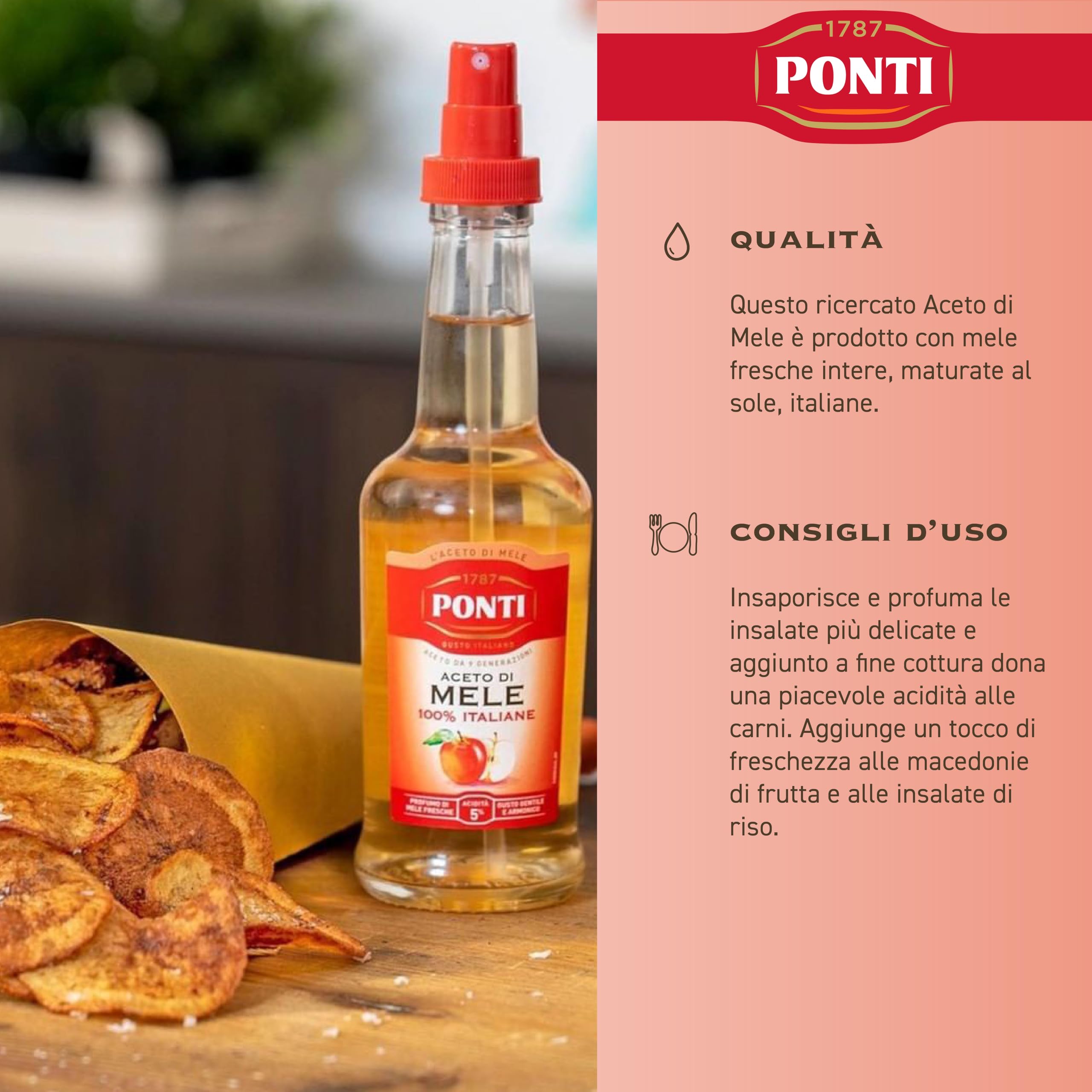 Ponti, Aceto di Mele 100% Italiane, Aceto di Mele dal Gusto Gentile e Armonico, Acidità 5%, Ideale per Insaporire le tue Insalate e Carni, 100% Made in Italy, 12 Bottiglie Spray da 250 ml
