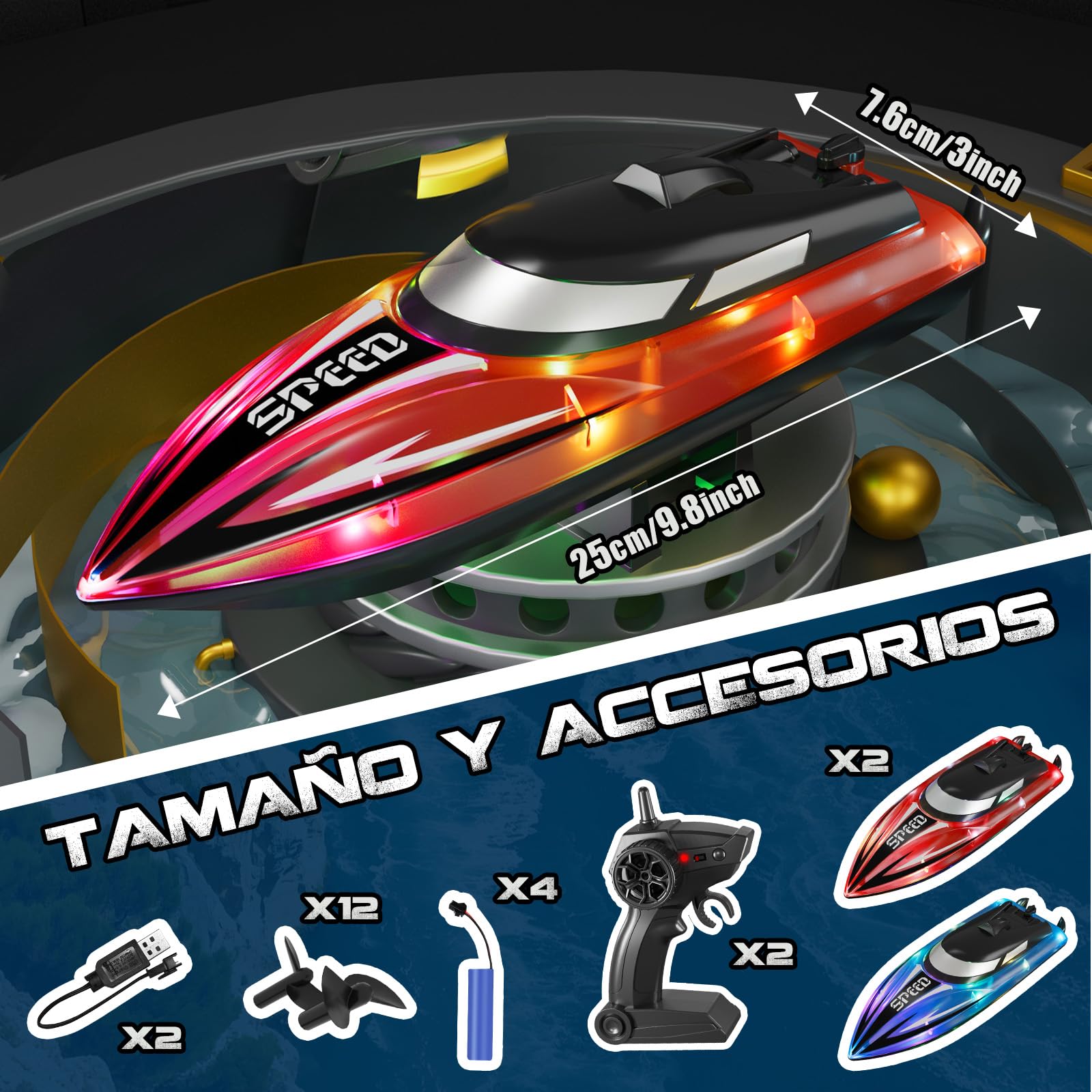 JONRRYIN Barco Teledirigido 2 Piezas, 2.4GHz Barcos Teledirigidos con Luces LED y Alarma de Batería Baja, Barcos RC Regalo para Niños y Adulto (Rojo+Azul)