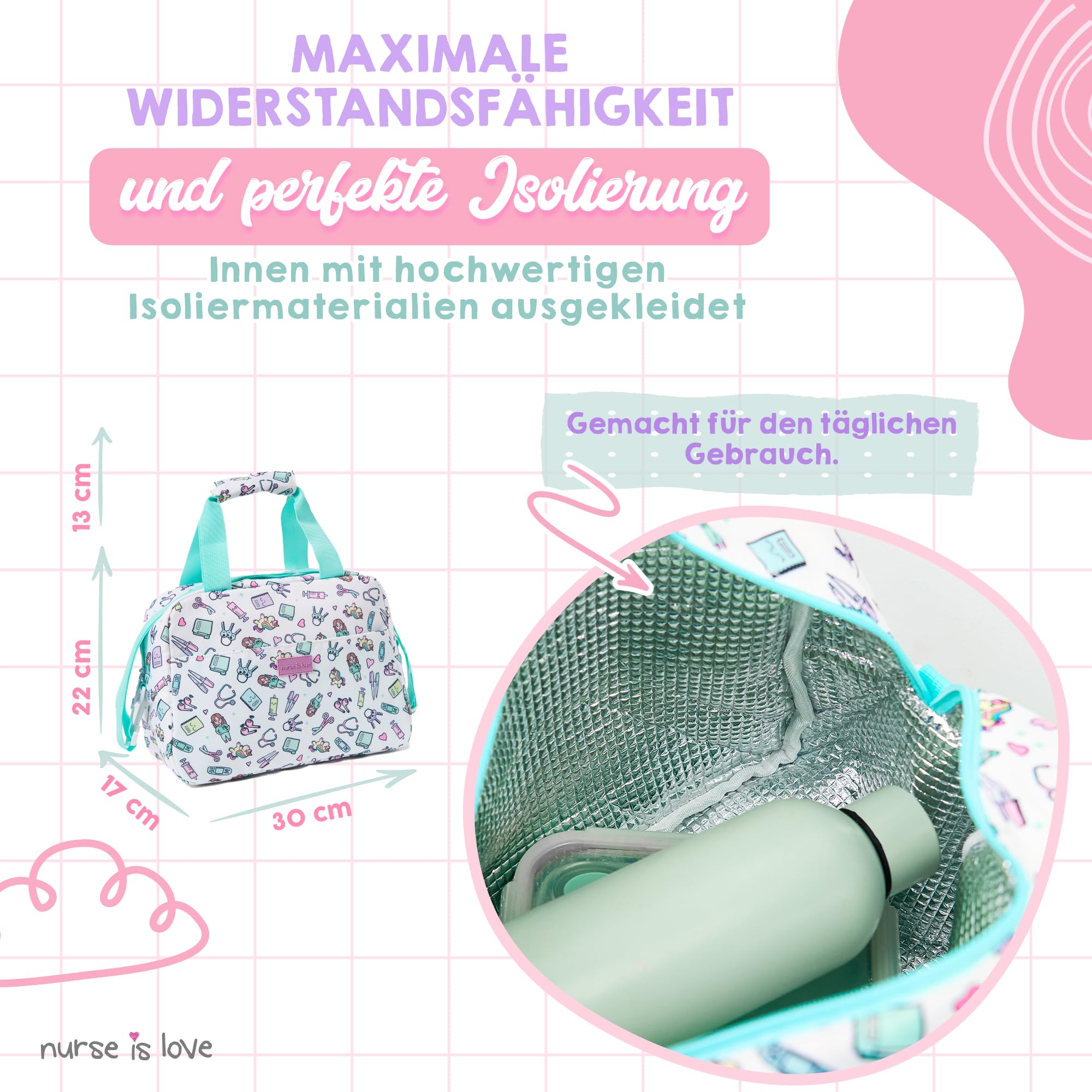Nurse is Love Kühltasche Klein Für Krankenschwester, Lunchtasche, Lunch Bag, Thermotasche, Frühstückstasche Mit Fächern + Gurt Passt Mit Brotdosen | Krankenschwester & Arzt Zubehör.