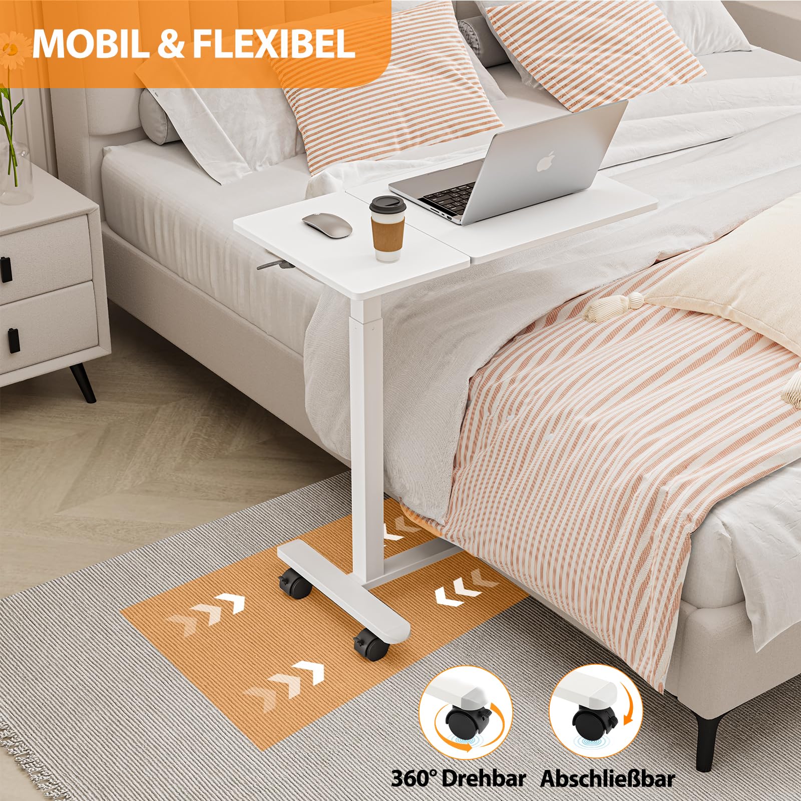 Dripex Mesa Auxiliar Regulable en Altura e inclinación Ajustable con Ruedas, Mesa de Aseo para Cama, Mesa de Ordenador, Mesa de Cama pequeña con Ruedas, Mesa de sofá, mesita de Noche para salón
