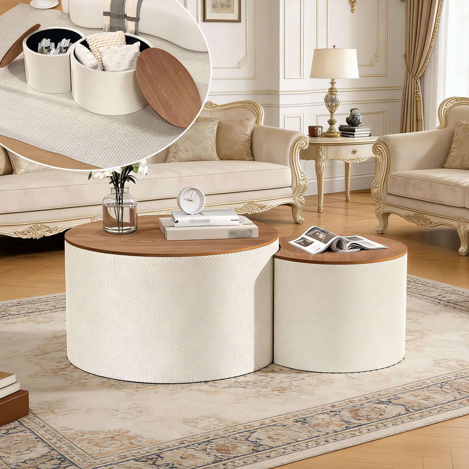 SXZenSpace Small Round Nesting Coffee Table Set of 2, Minimalist Tables with Storage,Wooden Center 2,Nesting Drum Side for Living Room Bedroom,White
