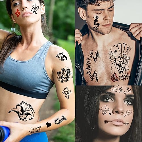 Miniatura 4 de 12 hojas de tatuajes de Joker para escuadrón suicida, tatuajes de Harley Quinn perfectos para Halloween, disfraces, fiesta, accesorios de Harley