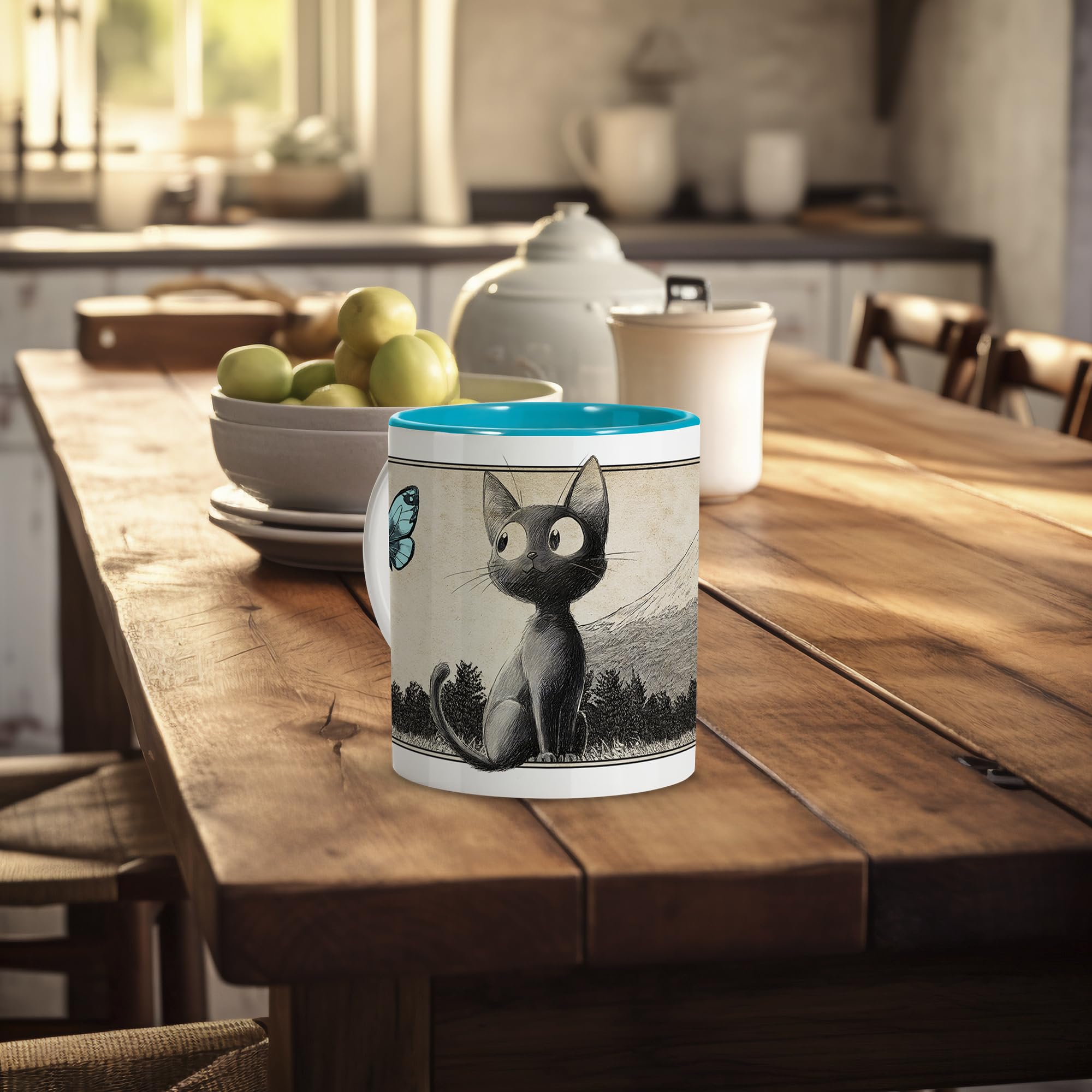 Anime-Katzen-Tasse – Jiji-Katze Design, Handgezeichnet, Verschiedene Innenfarben, Keramik