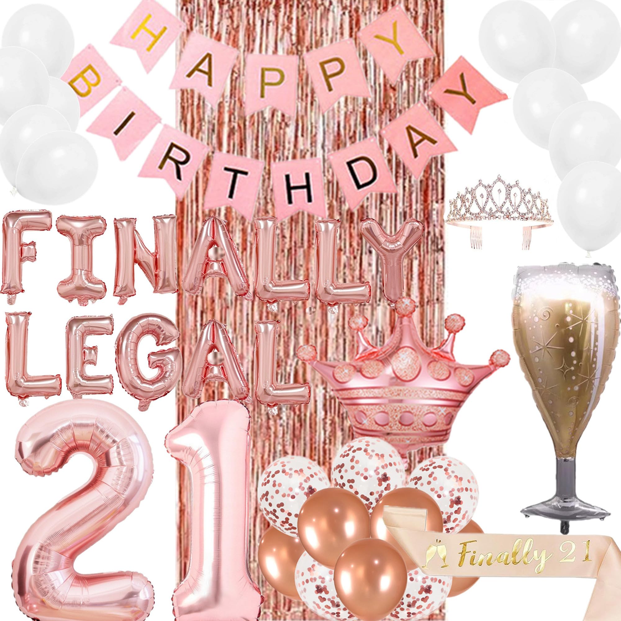 21st Birthday Decorations for Girls Rose Gold Finally Legal 21 Birthday Decoration for Her Happy Birthday Banner Balloons Sash and Tiara Crown Fringe