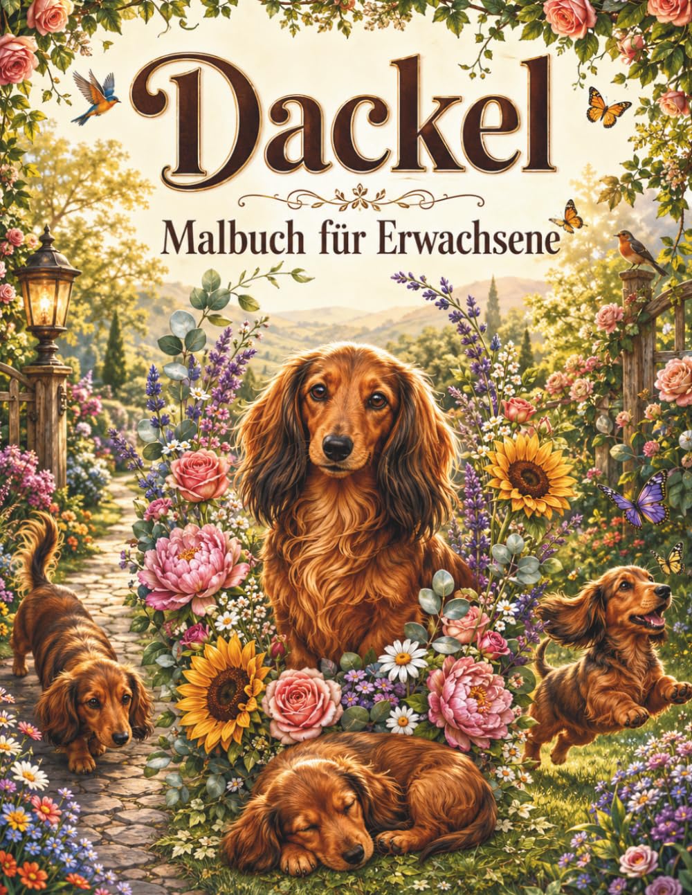 Dackel Malbuch für Erwachsene: 40 liebevoll gestaltete Dackel-Motive – Entspannende Ausmalbilder mit Blumen, Gärten, Natur und wunderschönen Landschaften zum Stressabbau und kreativen Ausmalen