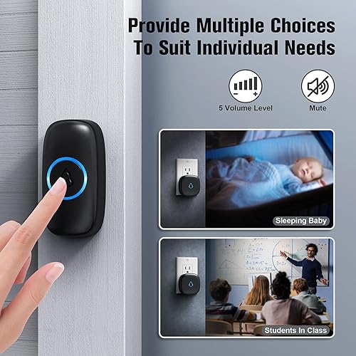 Miniatura 6 de SECRUI - Timbre inalámbrico con 2 receptores, timbre impermeable que funciona a 1000 pies de alcance 58 campanas, 5 niveles de volumen, luz LED de