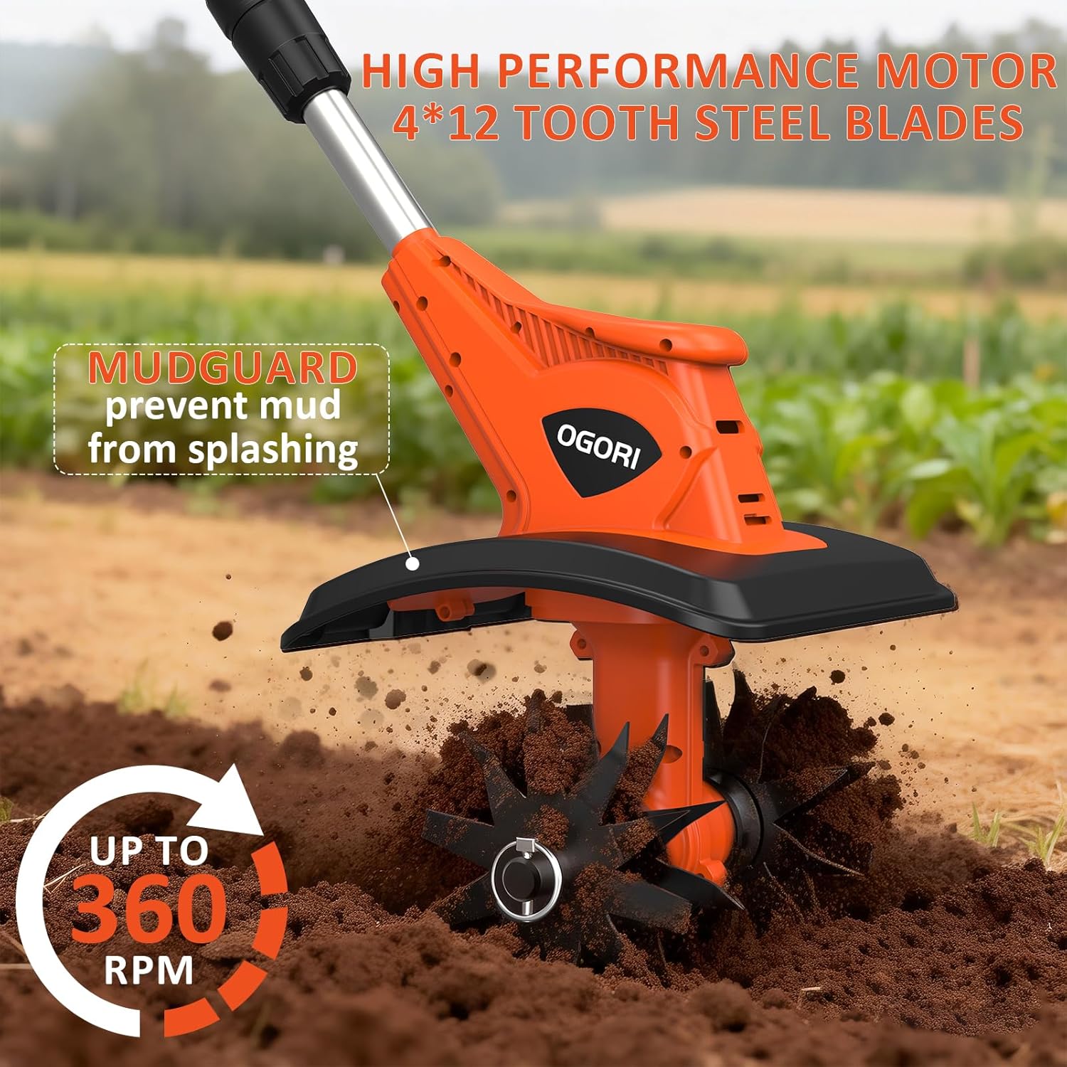 OGORI Cordless Electric Garden Tiller, Mini Cultivator with 2 x 4.0Ah Batteries, 9" x 6.3" Tilling Area Portable Power Rototiller for Garden, Soil Cultivation and Weed Removal