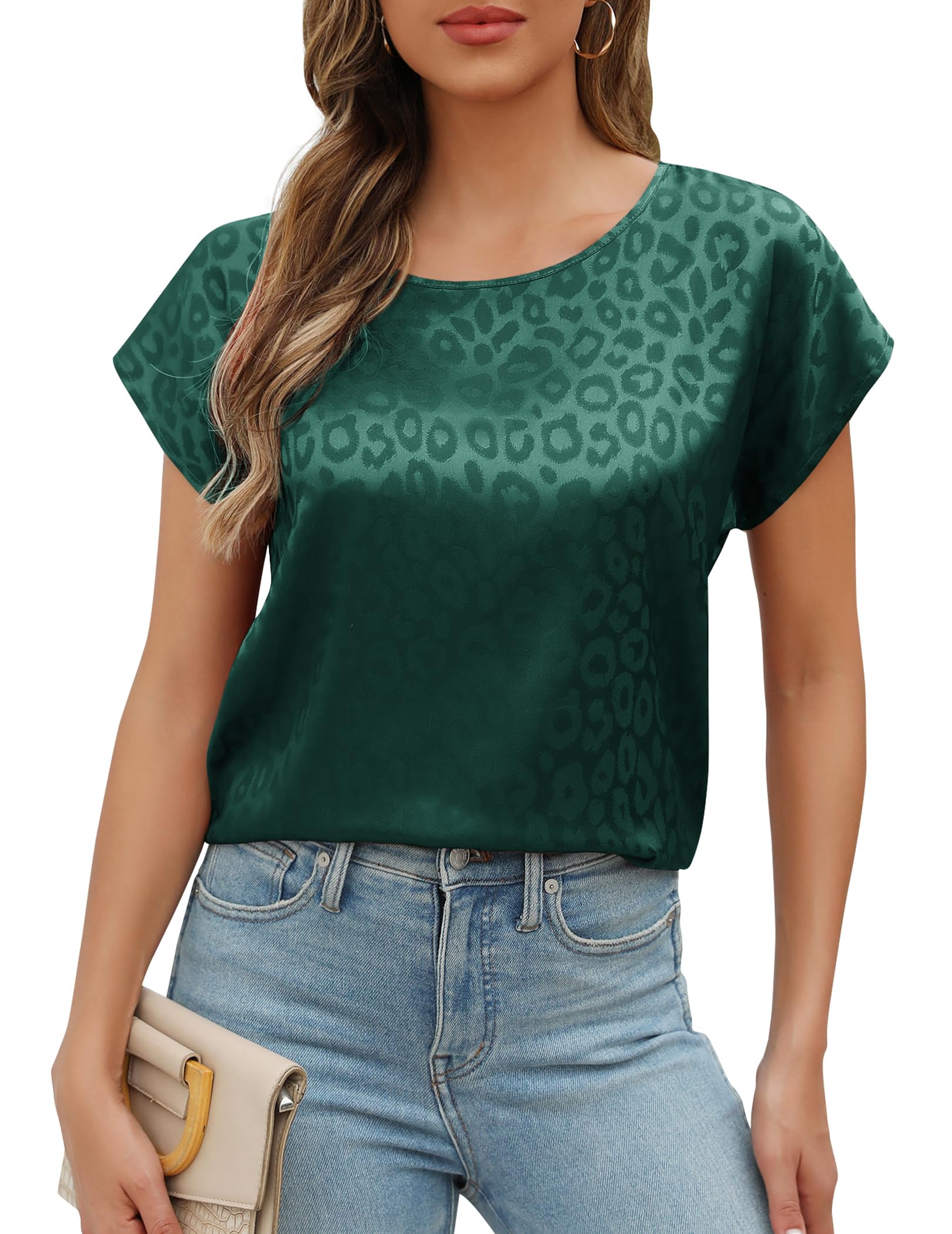 Zeagoo Camisas Mujer Satén Blusas de Verano Cuello Redondo Camiseta Manga Corta Tops Casual T Shirt con Estampado Informal