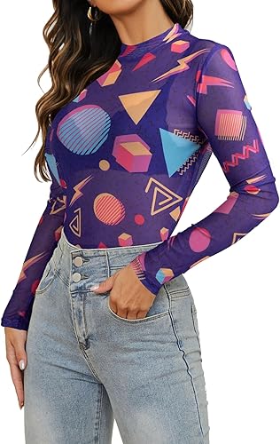 Vista 3 de Camisa de manga larga de malla de los años 80 y 90 para mujer, trajes de fiesta temática de los años 90 y 80, trajes retro sexy de neón con cuello