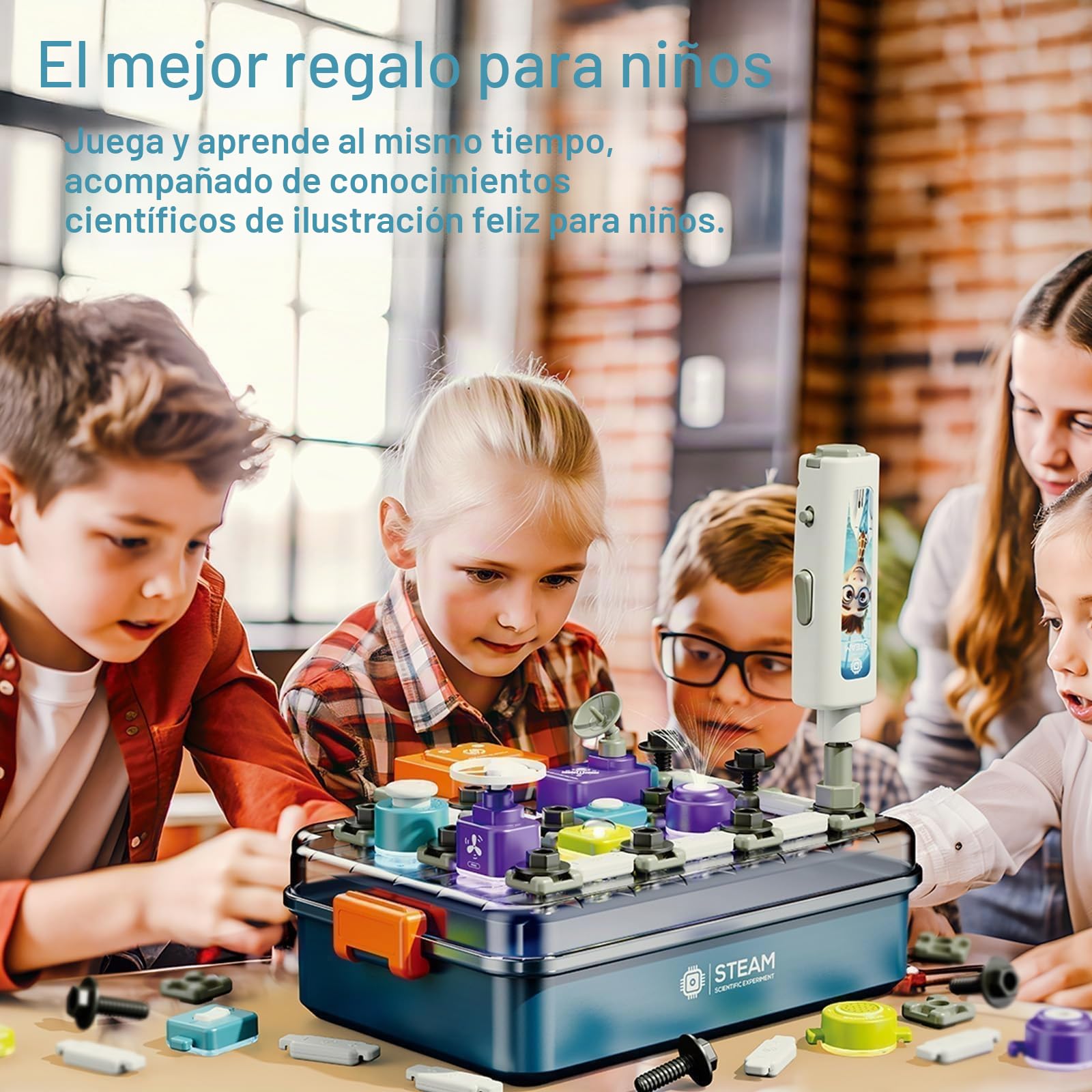 Kit Electrónico para Niños Desde 3 Años, Set Explorador con 58 Piezas + Taladro Eléctrico, Juguete Educativo Stem con Estación de Trabajo de ABS - Regalo Ideal para Jardín Infantil y Hogar